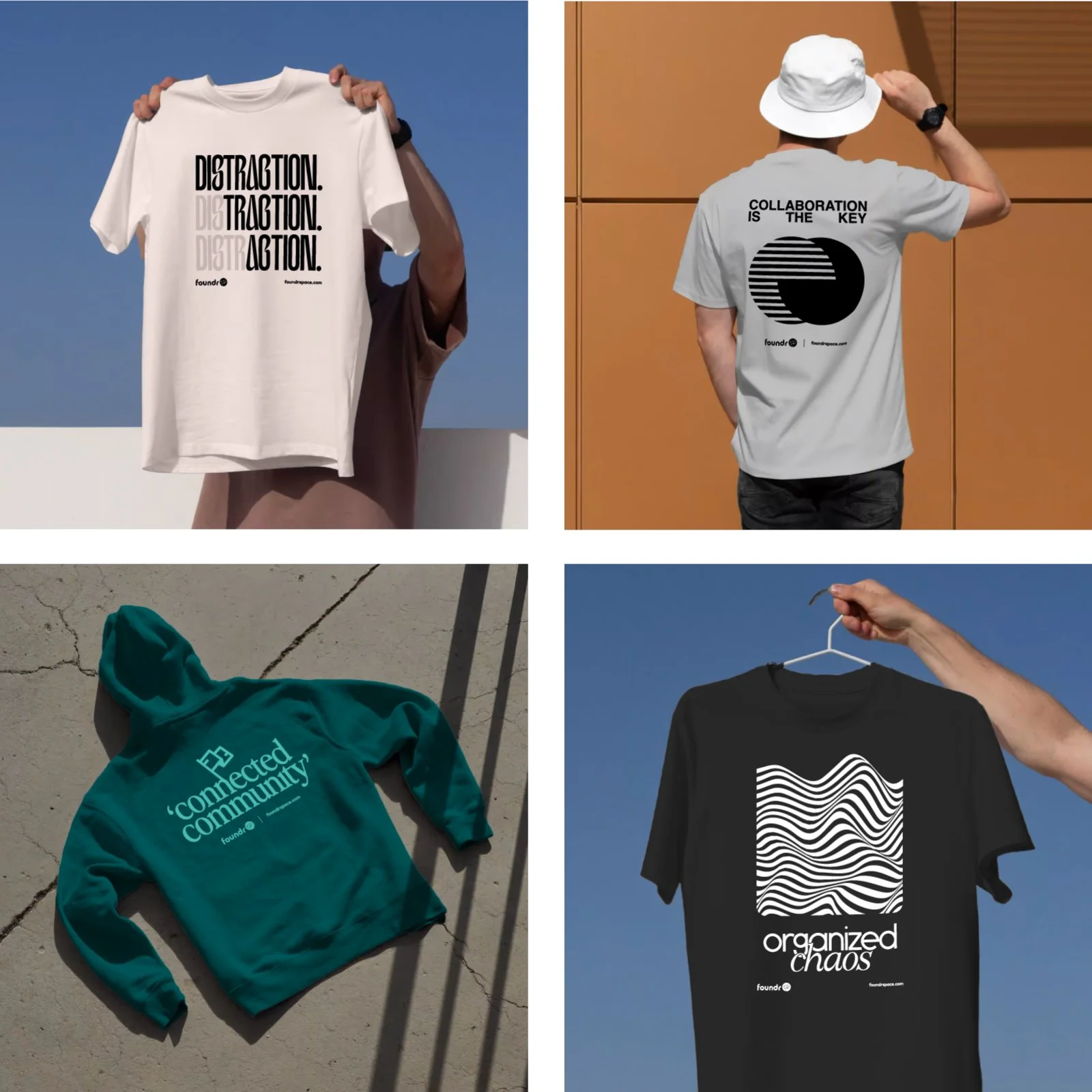 Four different graphic t-shirts and a hoodie with printed designs and slogans. The top left t-shirt says 'Distraction. Distraction. Action.' The top right t-shirt features a circular design with lines and the words 'Collaboration is the key.' The bot
