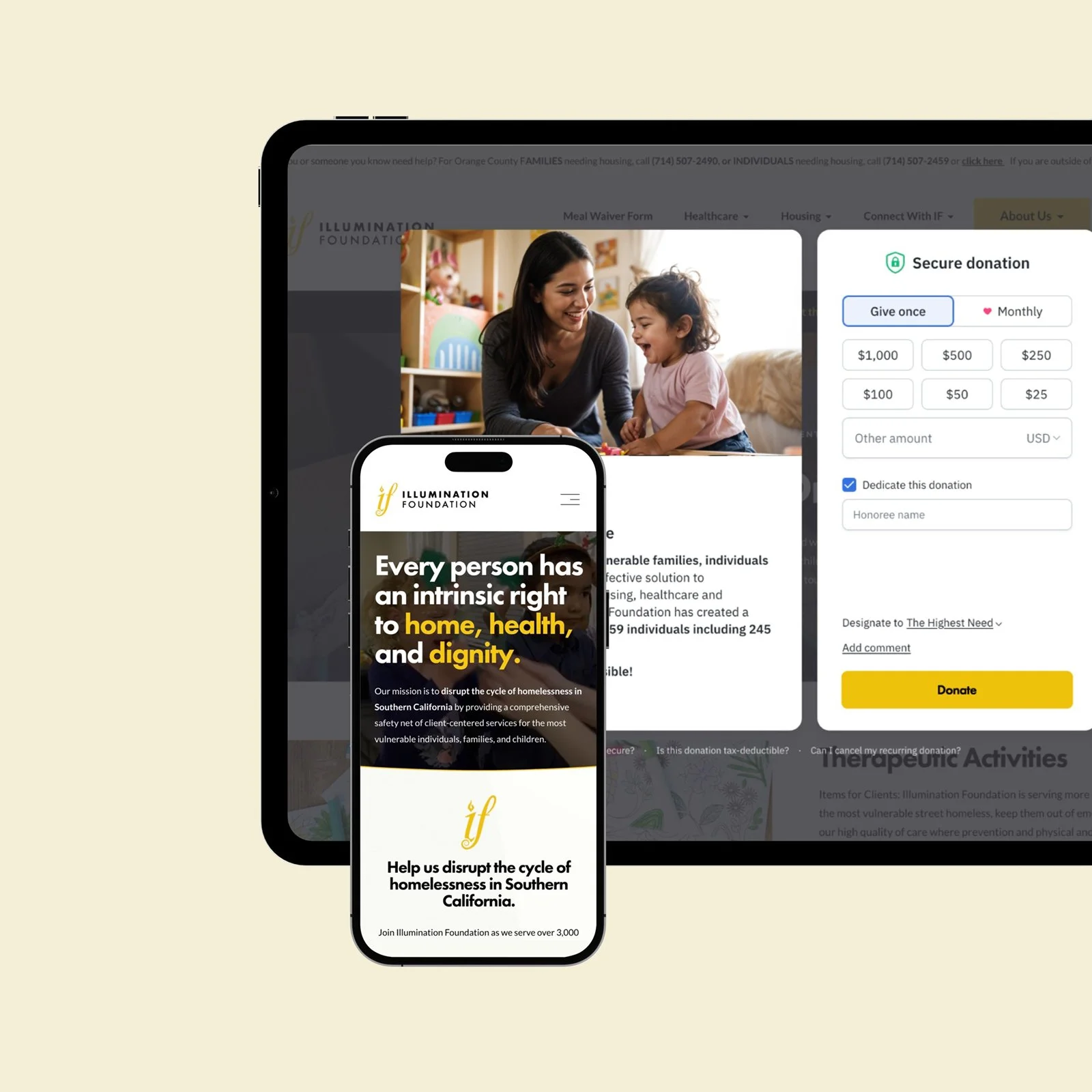 Screenshot of the Illumination Foundation website displayed on a smartphone and a tablet. The website promotes helping homeless families through donations, with options for one-time or monthly contributions, and features images of a woman and a child