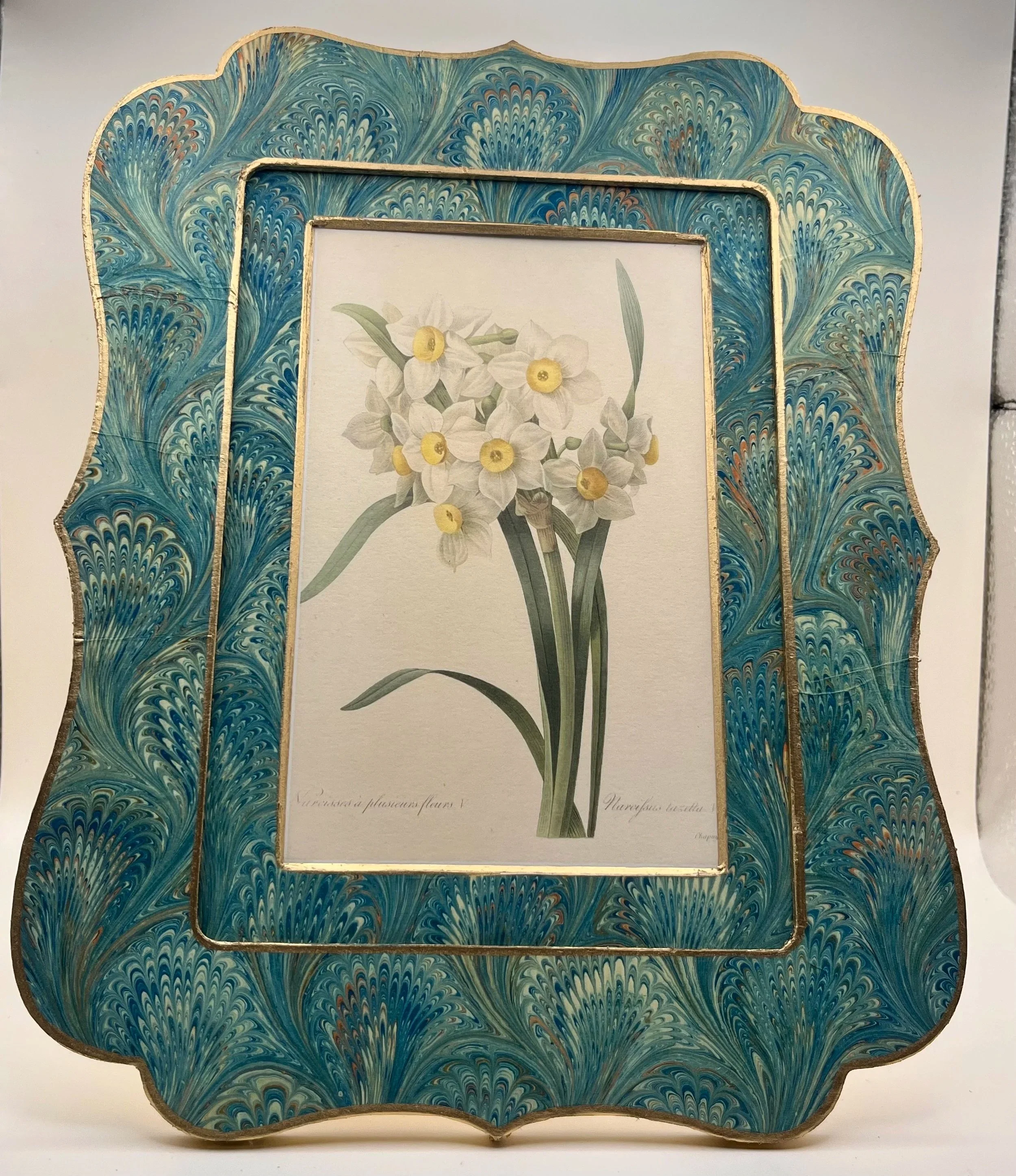 Aqua Marbled Paper Frame with Narcissus Botanical Print
