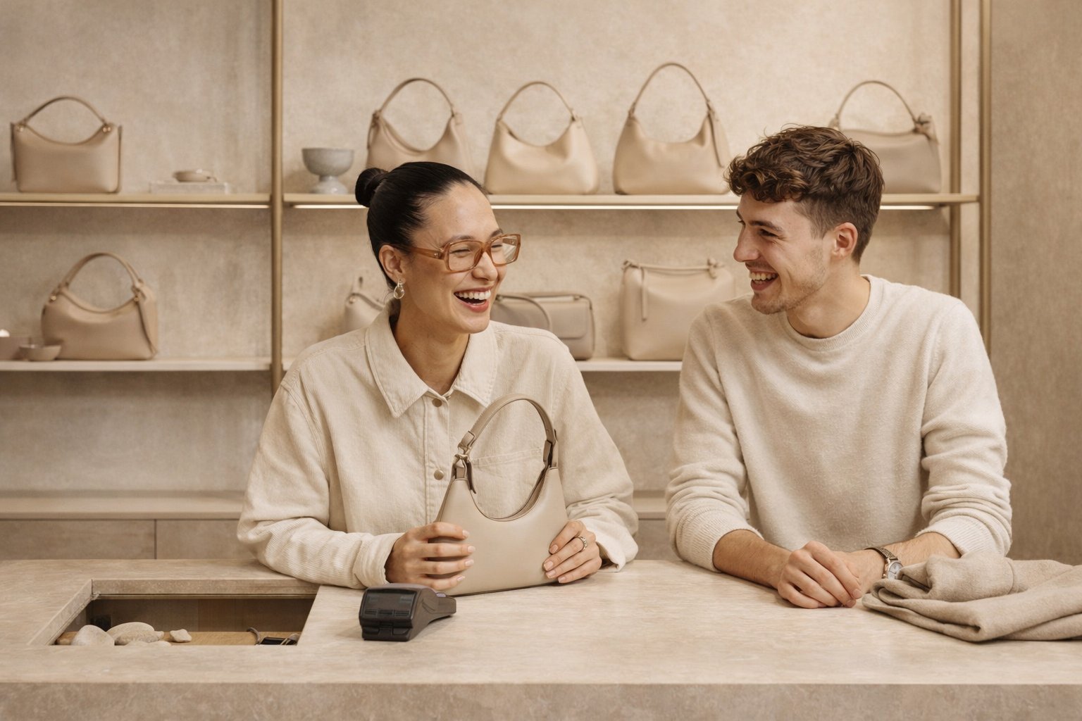 A woman and a man are smiling and laughing inside a high-end handbag store. The woman is holding a beige handbag on the counter, and there are several handbags displayed on shelves behind them.