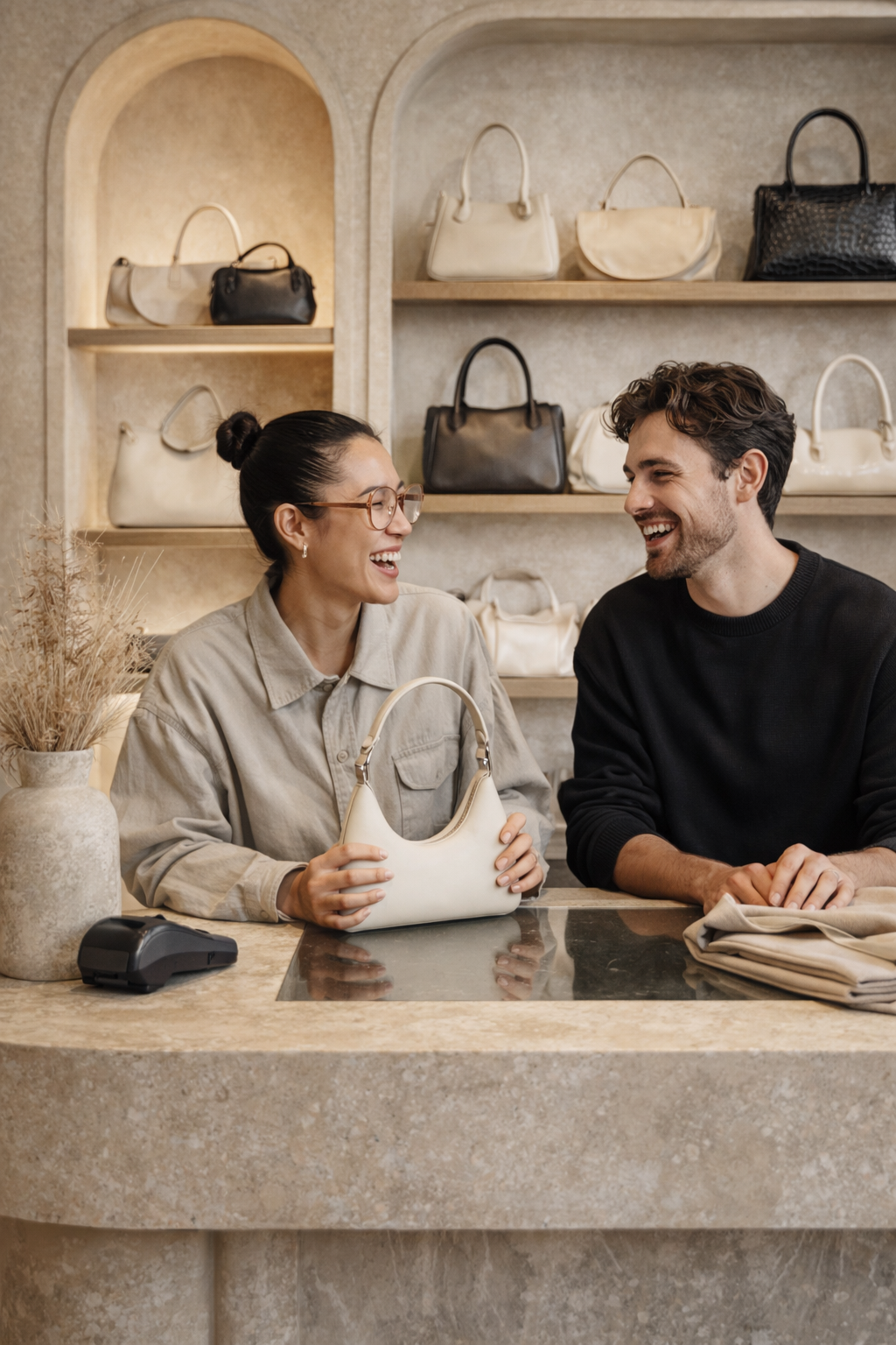 A smiling woman and man shopping for handbags at a store counter, with shelves of handbags in the background.