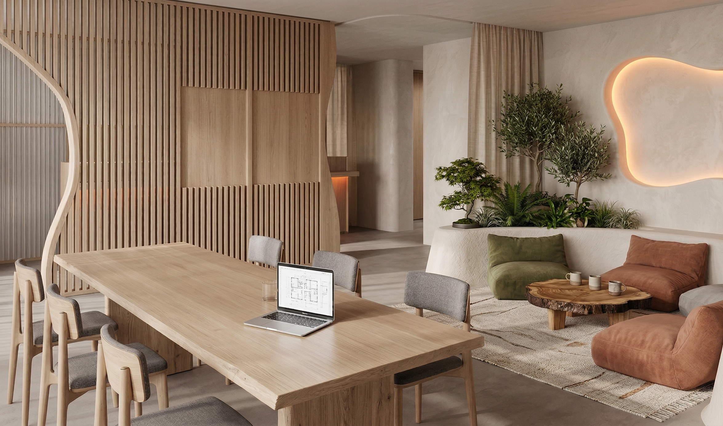 A calm workspace with a breakout area and a office table and chairs for thought leaders, founders and entrepreneurs can work and create.