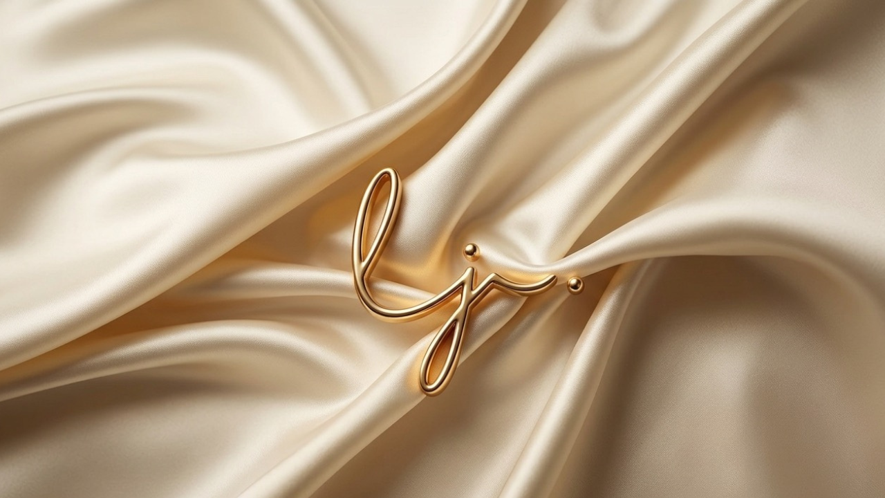 Close-up of a silky cream-colored fabric with the gold word "love" written on it.