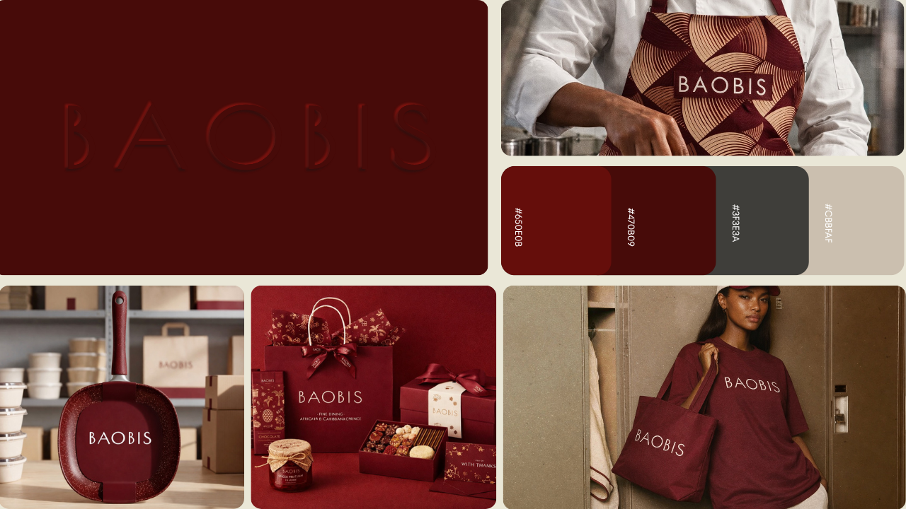 A collage of images showcasing BAOBIS brand products and packaging in deep red and neutral tones. Includes a logo, a person wearing an apron, kitchenware, gift boxes, and a woman holding a BAOBIS bag.