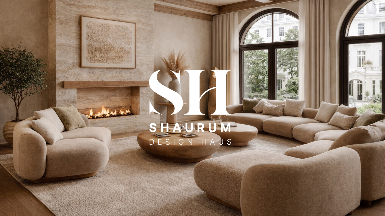 Living room with beige sectional sofa, single armchair, large windows, fireplace, and modern decor.