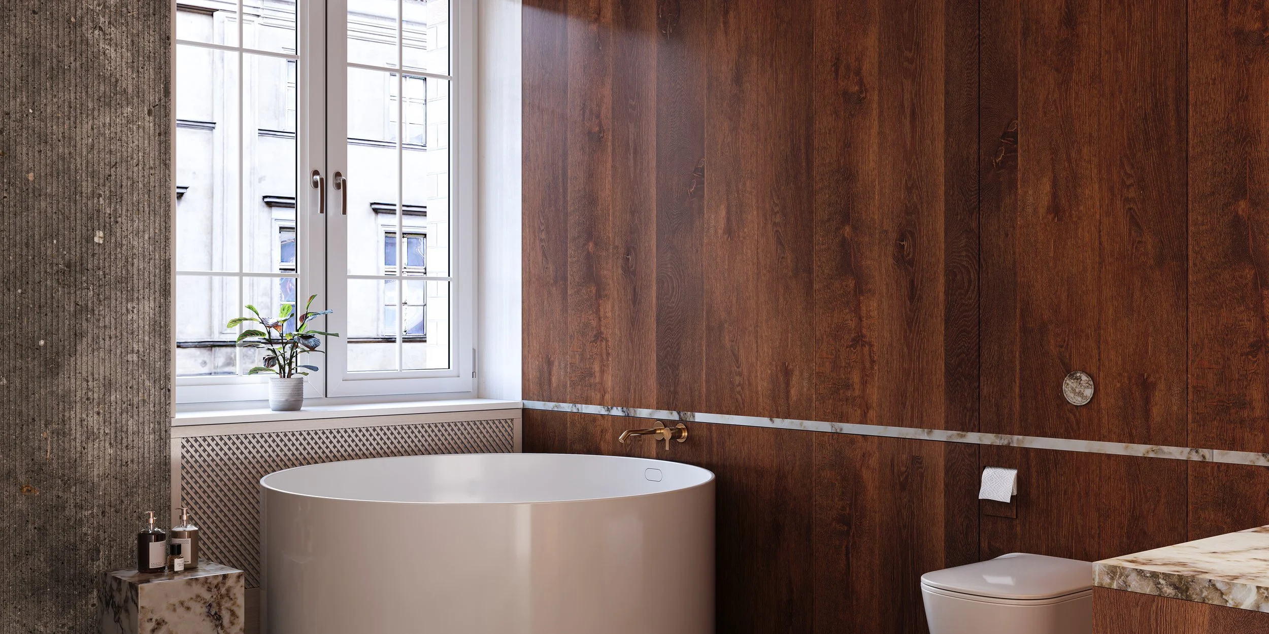 Modern bathroom with a white bathtub, a potted plant on the windowsill, and wood-paneled walls.