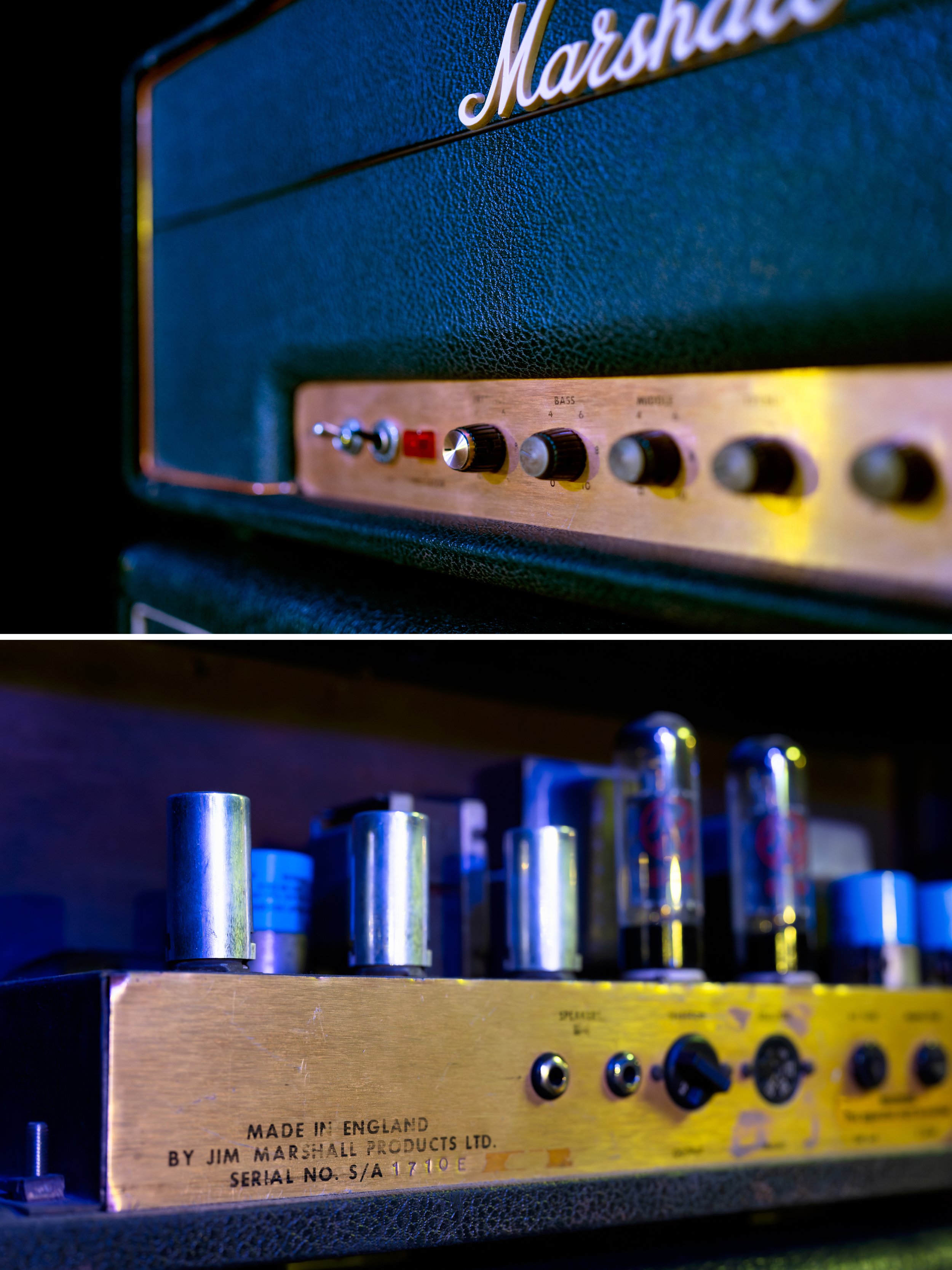 Amplificador de guitarra marca Marshall con controles y tubos visibles.