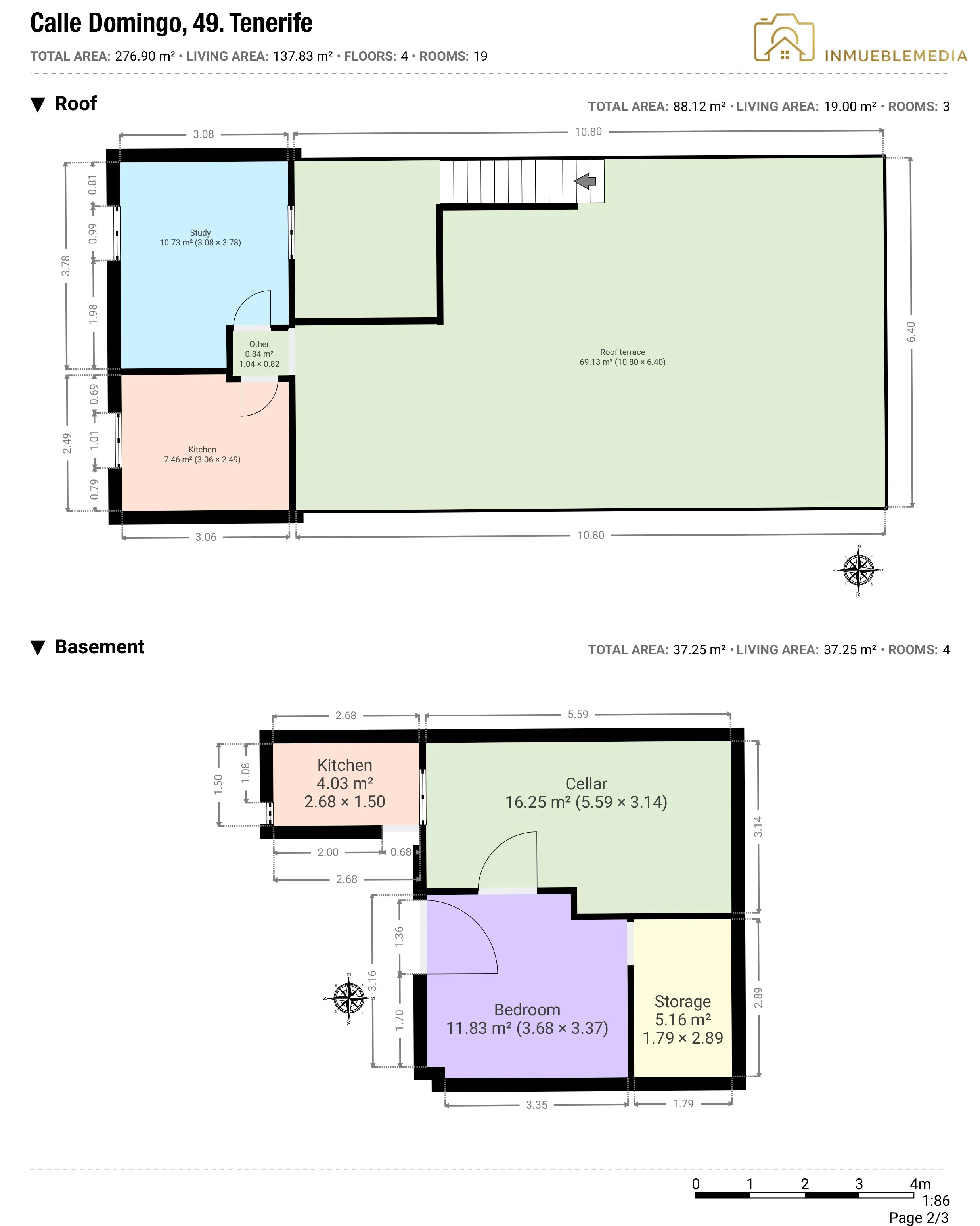 Plano de una vivienda de dos niveles, con detalles de dimensiones y distribución de habitaciones. La planta superior incluye una sala de estudio, una cocina, un área de terraza en el techo y un área adicional etiquetada como 'Other'. La planta baja muestra una bodega, un dormitorio, un área de almacenamiento y una cocina pequeña.