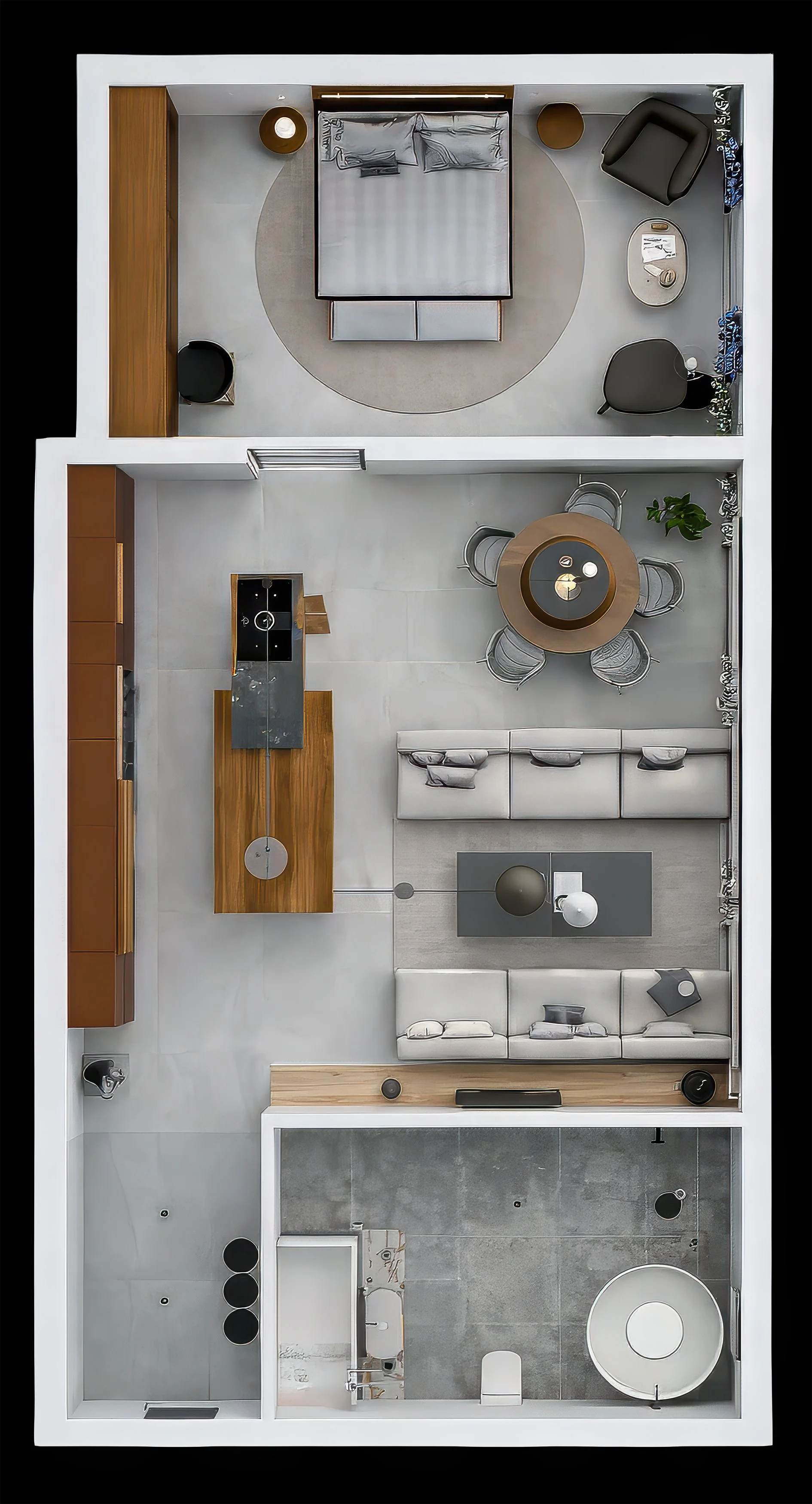 Overhead view of an open-concept living space with a bedroom, kitchen, dining area, and bathroom, featuring modern furniture and decor.