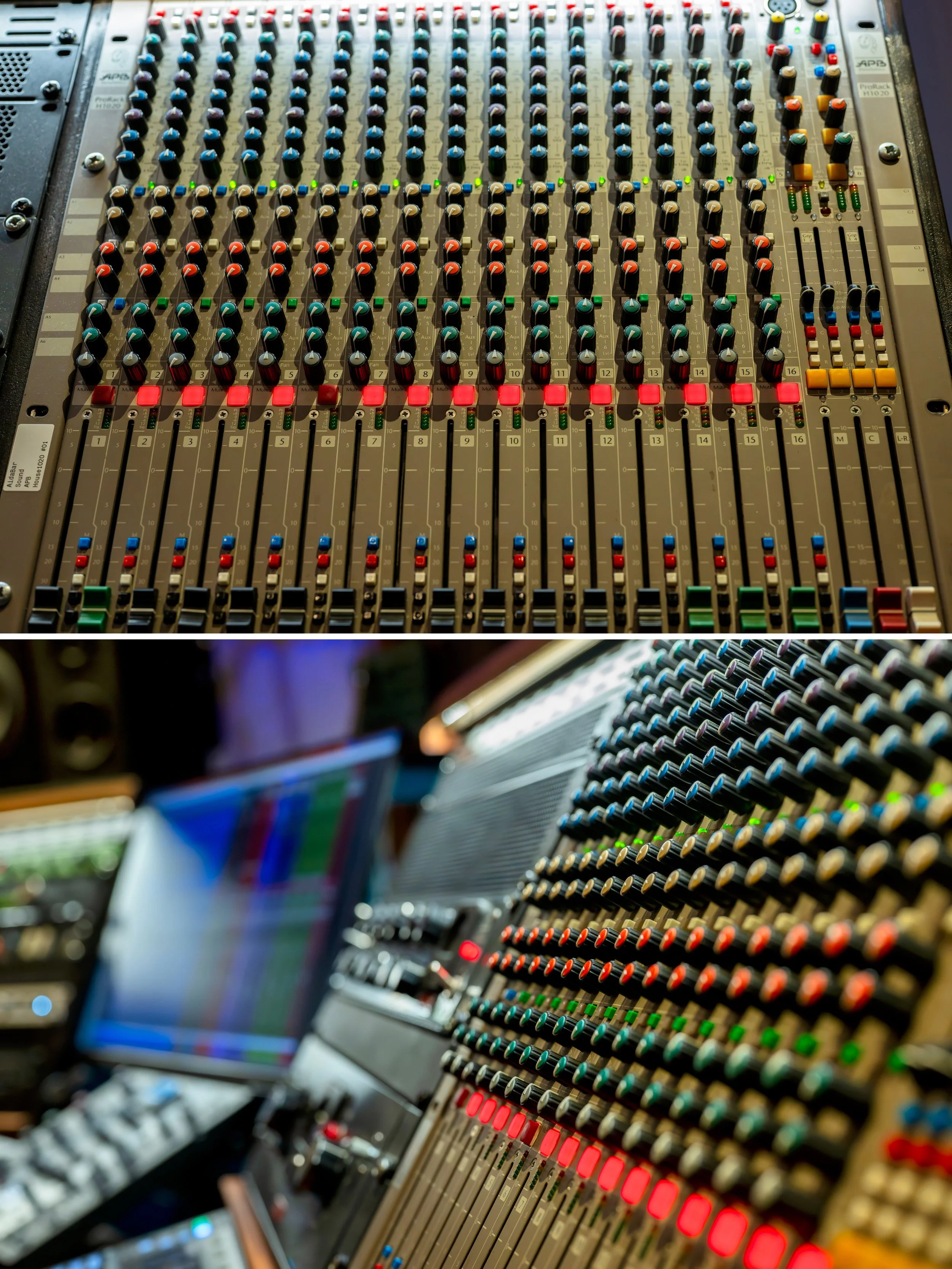Tablero de mezcla de audio con muchos controles, faders y botones, usado en producción musical o de sonido.