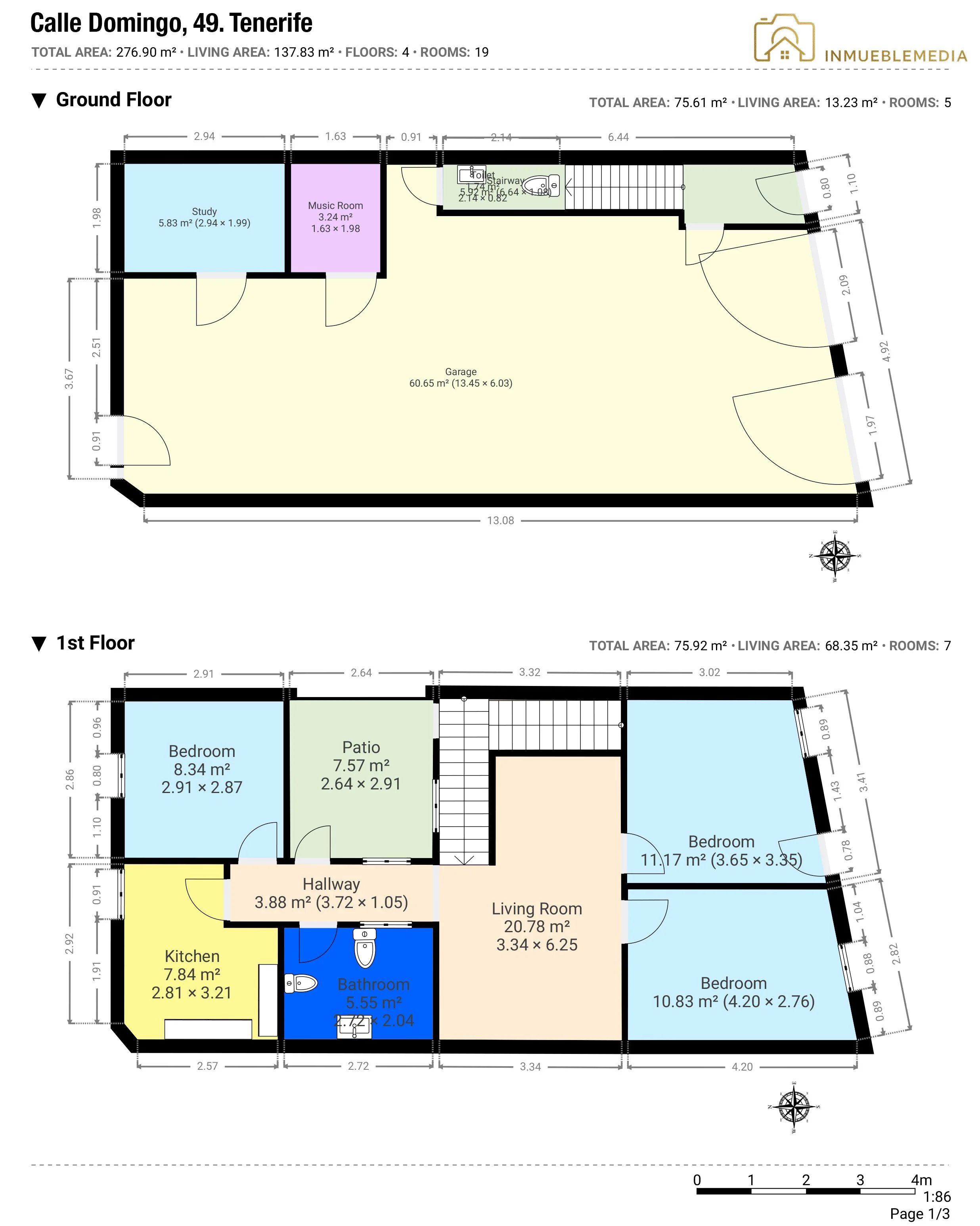 Plano arquitectónico de una casa en Tenerife, con distribución de la planta baja y primer piso, incluyendo habitaciones, baños, sala y patio.