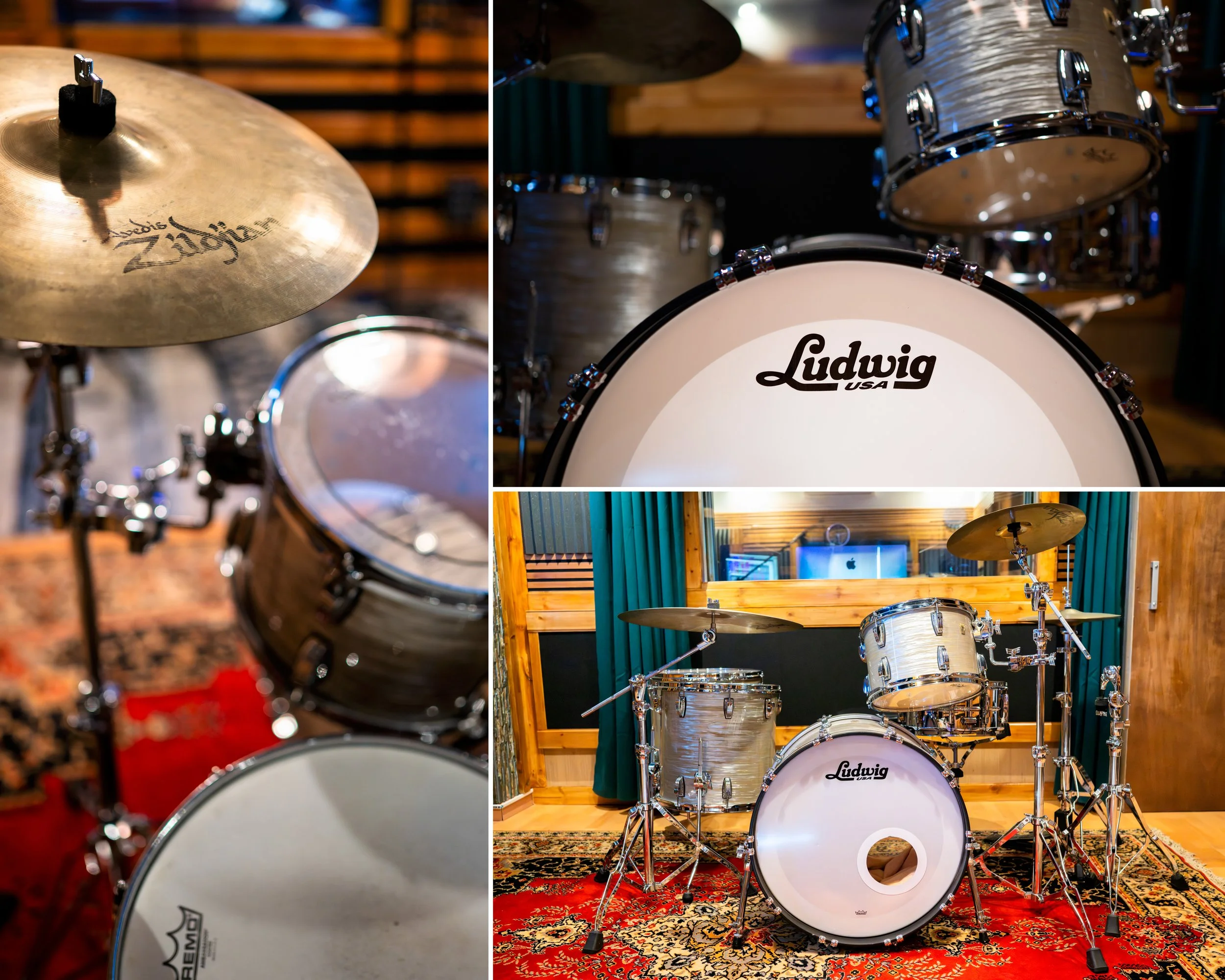Una batería de tambores y platillos en un estudio de grabación, con detalles en madera, alfombra roja y cortinas verdes.