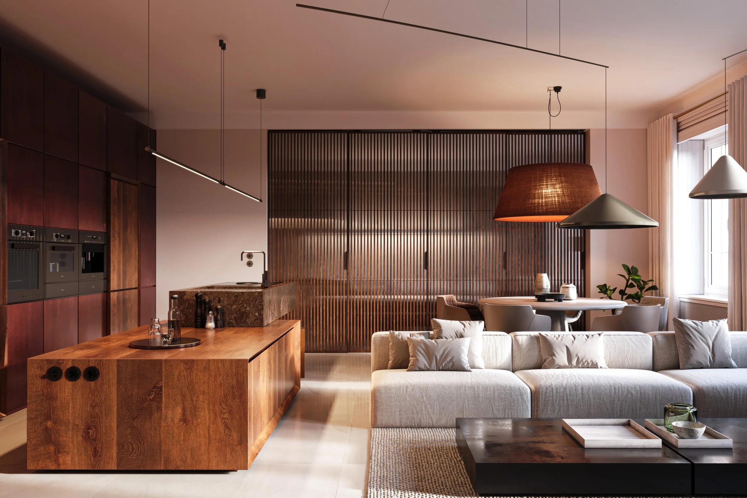 Modern living room with beige sectional sofa, wooden coffee table, and dining area with round table and chairs. Kitchen with dark wood cabinets, marble island, and built-in appliances. Pendant lights and natural light from windows.
