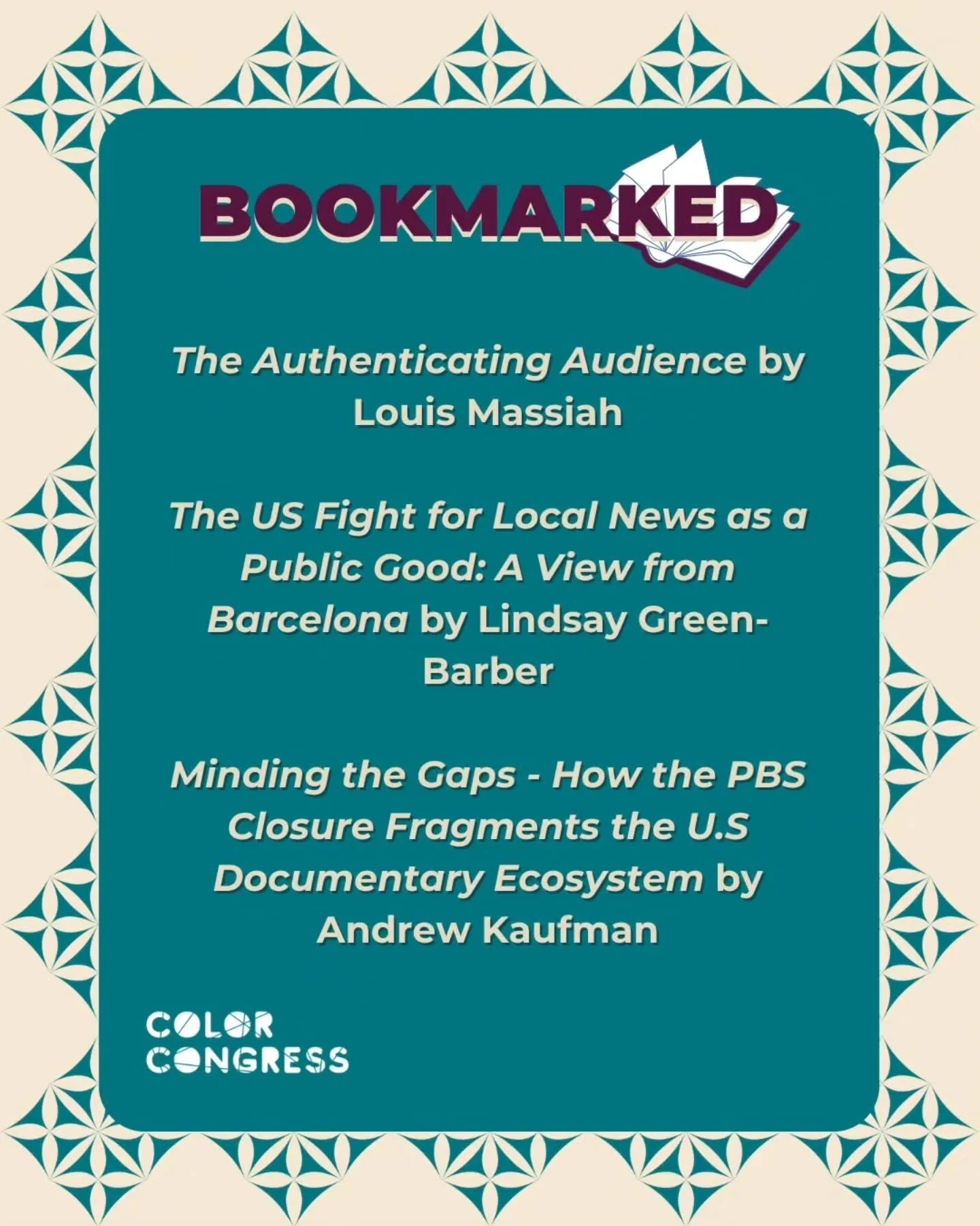 In September's Bookmarked, we featured Louis Massiah's reflections on the filmmaker as cultural worker. Lindsay Green-Barber makes the case for local news and storytelling as a public good. And Andrew Kaufman reports on the uncertain future of indepe