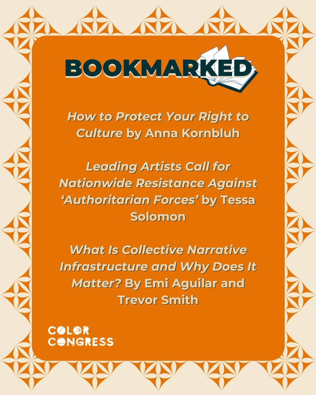 In November's Bookmarked selection, Anna Kornbluth reflects on how to protect our right to culture as the government systematically dismantles key cultural institutions; Tessa Solomon covers the nationwide, artist-led call for resistance against auth