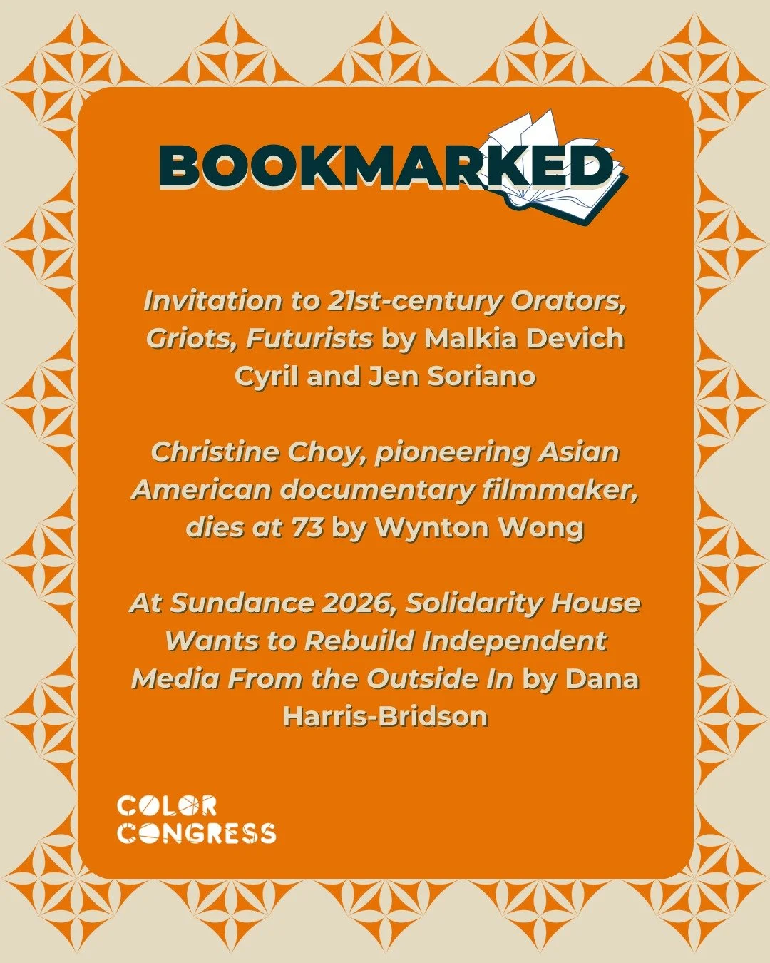 In this month's Bookmarked, we're reading Malkia Devich Cyril and Jen Soriano's call to narrative workers to build together toward radical solidarity; Wynton Wong writes for 19th in celebration of the inimitable documentary filmmaker Christine Choy, 