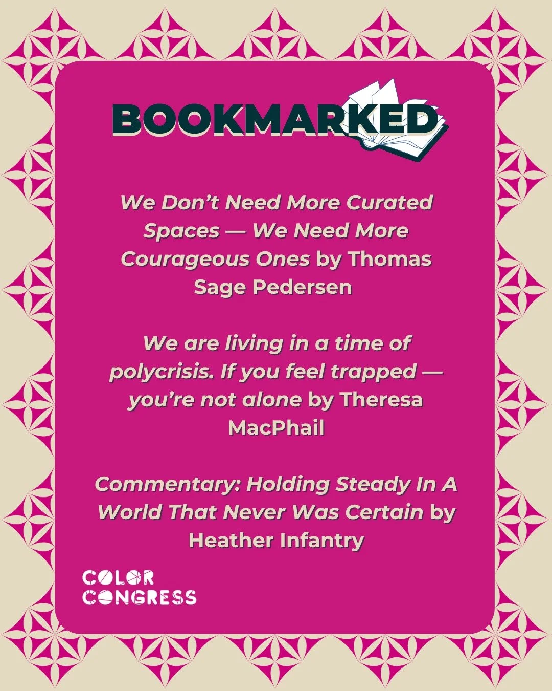 This month's Bookmarked features fodder for charging forward into the year of the fire horse. Artist and cultural strategist Thomas Sage Pedersen draws upon lessons in nature to remind us of the key roles in a cultural ecosystem &mdash; essential ele