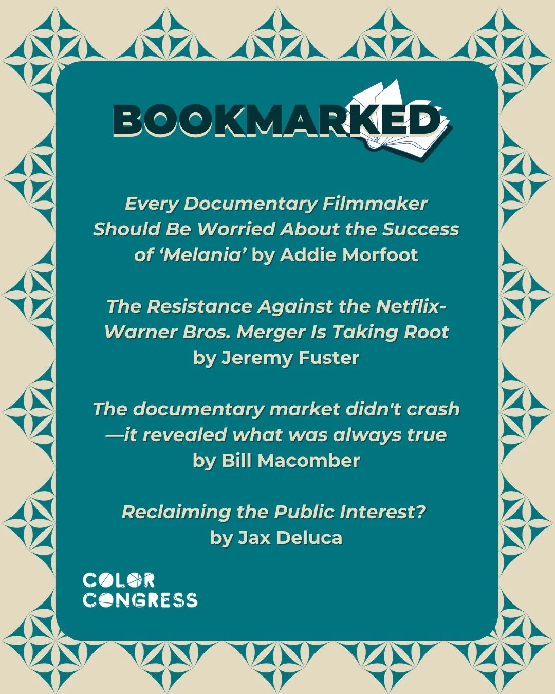 In the March edition of Bookmarked, Addie Morfoot cautions of the success of 'Melania' as a harbinger of what's to come; Jeremy Fuster reports for The Wrap on the growing coalition of resistance to the Warner Bros. merger; Bill Macomber points to the