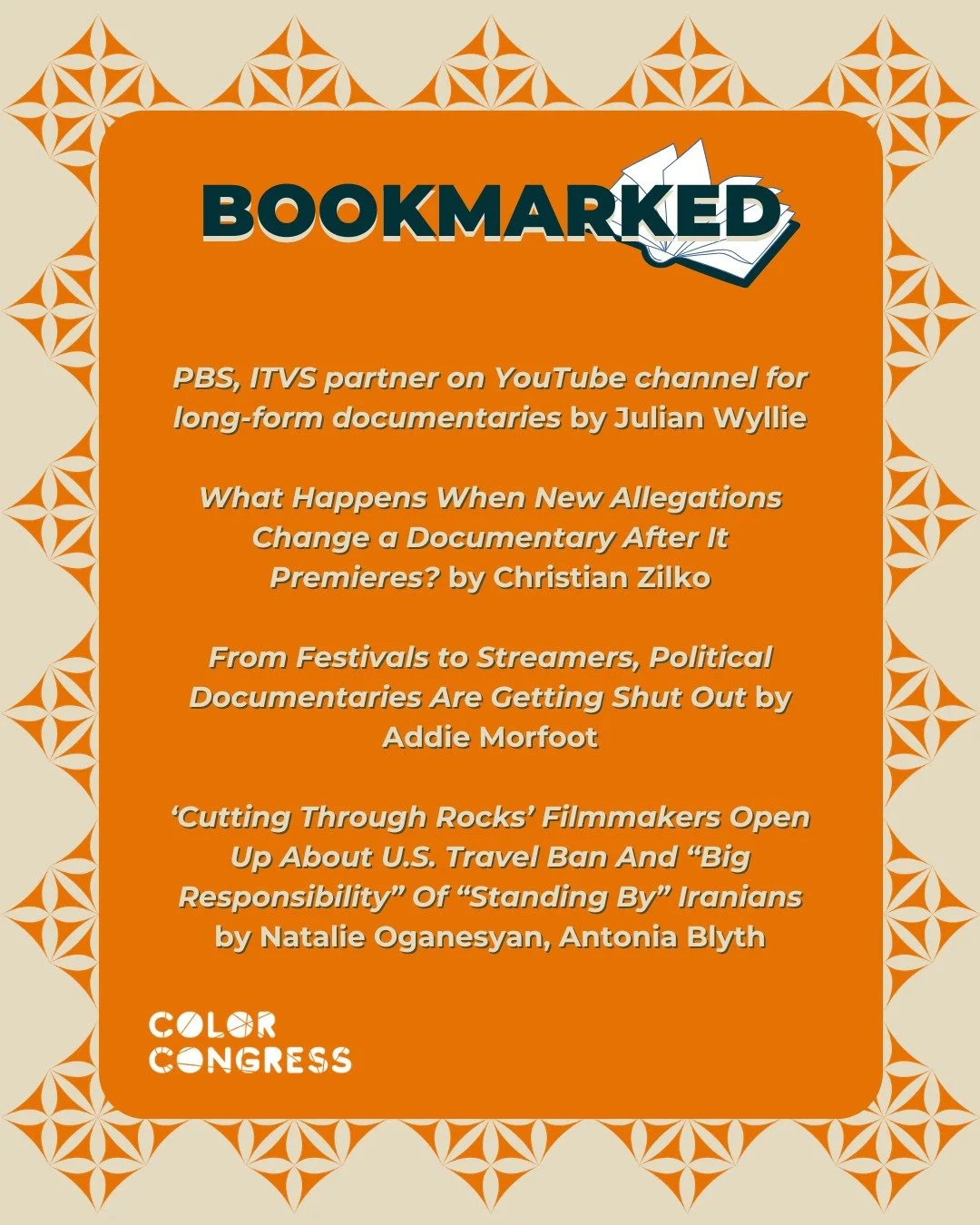 Our most recent edition of Bookmarked features news from Julian Wyllie on PBS and ITVS's new YouTube shorts channel; Christian Zilko discusses implications for already premieres documentaries in the light of new allegations about Cesar Chavez; Addie 