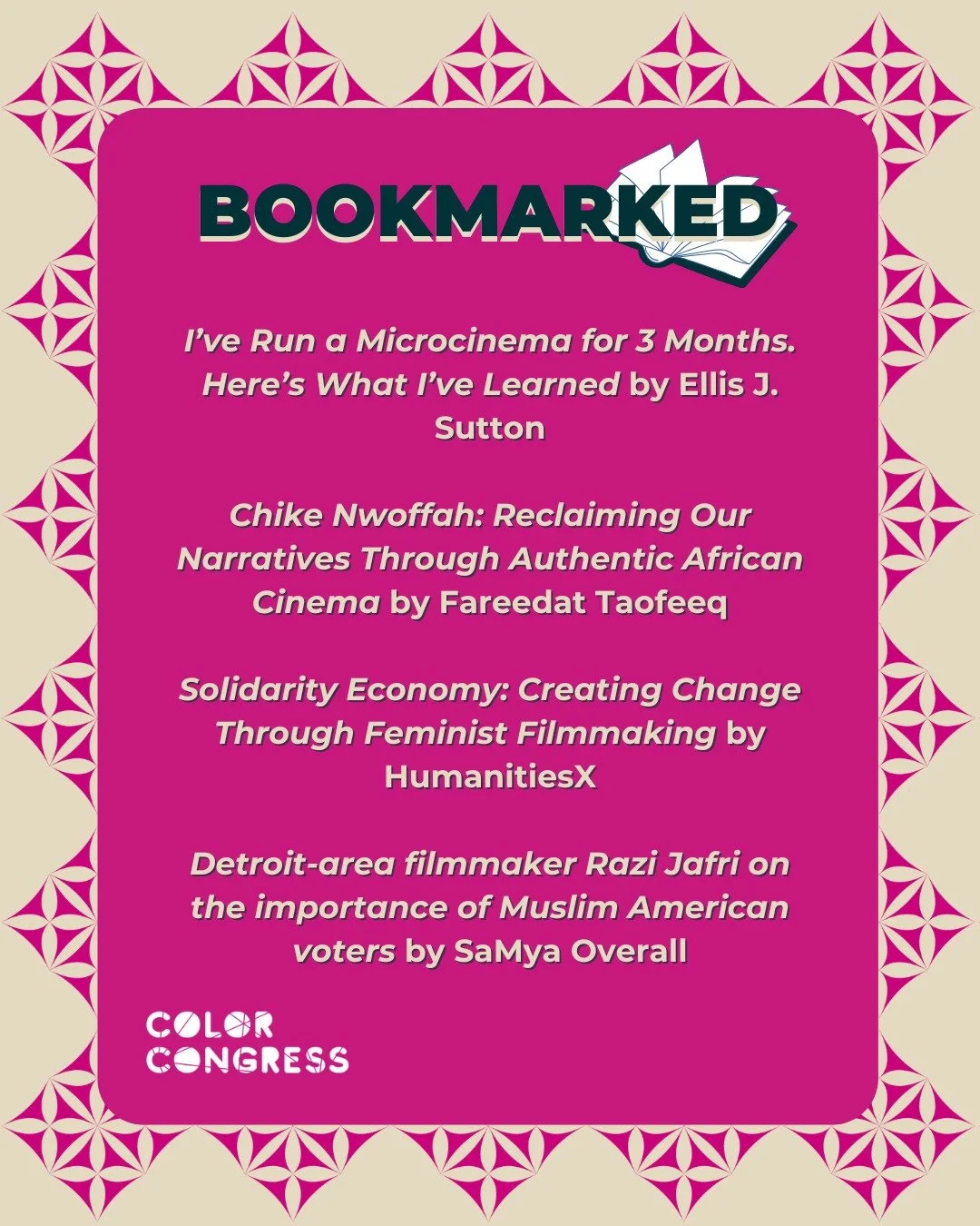In this month's edition of Bookmarked, Ellis J. Sutton reflects on the untapped power of microcinemas from his first three months of running Coffeehouse Cinema; Fareedat Taofeeq pens a feature profile on the inimitable Chike Nwoffah; HumanitiesX stud