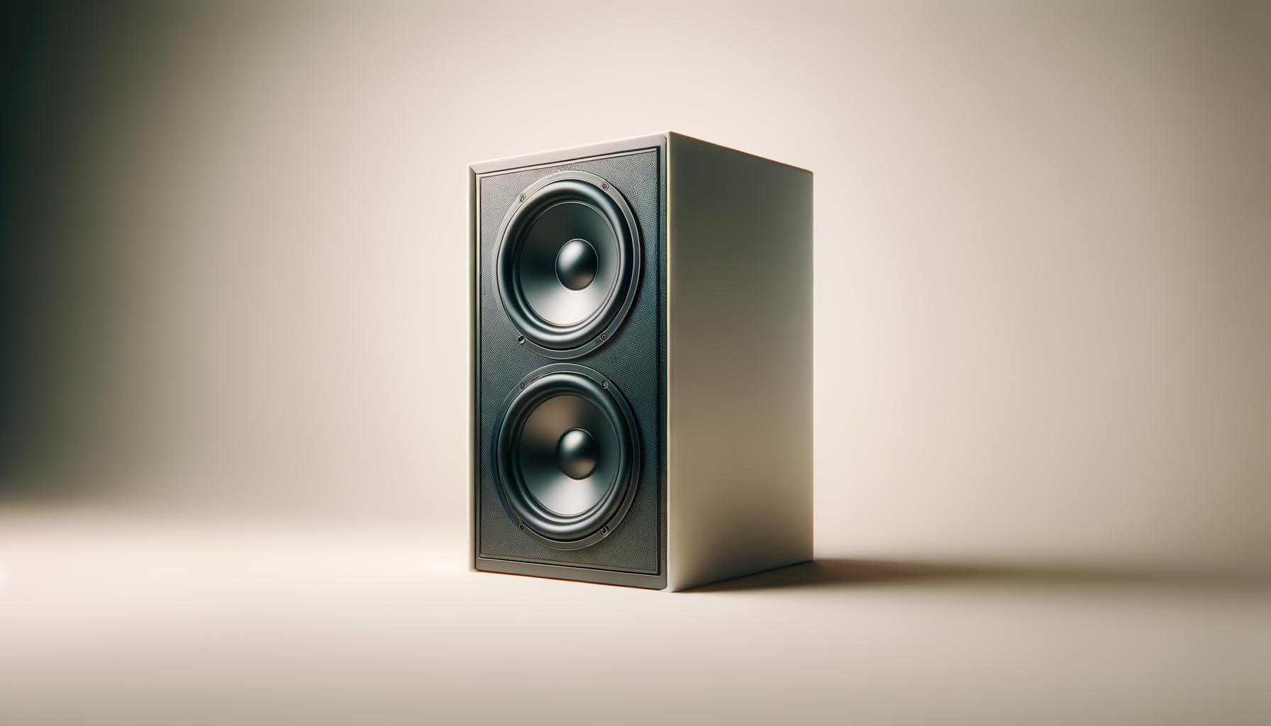 A modern black and silver speaker with two large drivers on a neutral background.