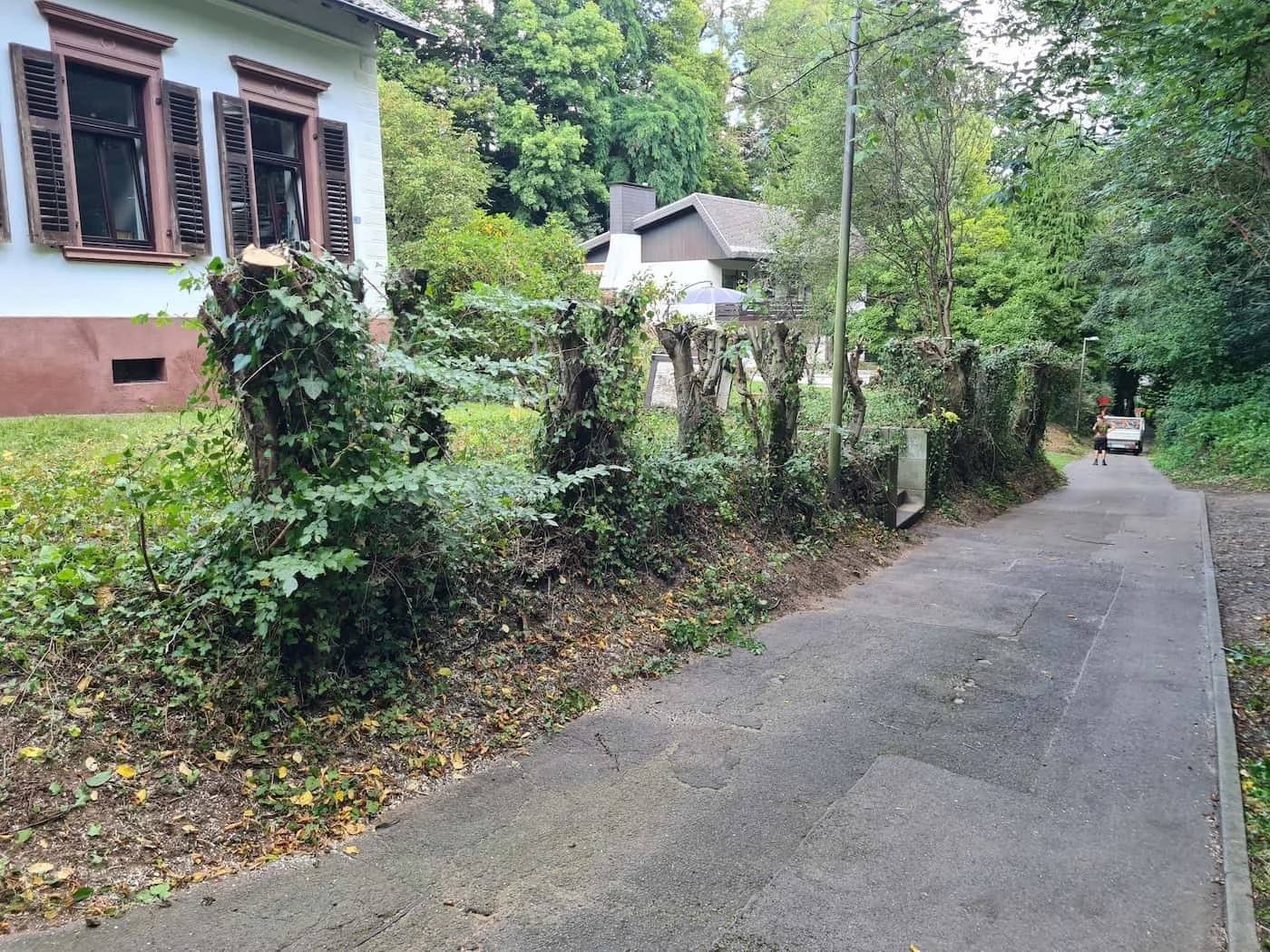 Ein schmaler asphaltierter Gehweg entlang eines Gartenzauns mit Bäumen und einem Haus im Hintergrund, eine Person und ein Auto sind am Ende der Straße sichtbar.