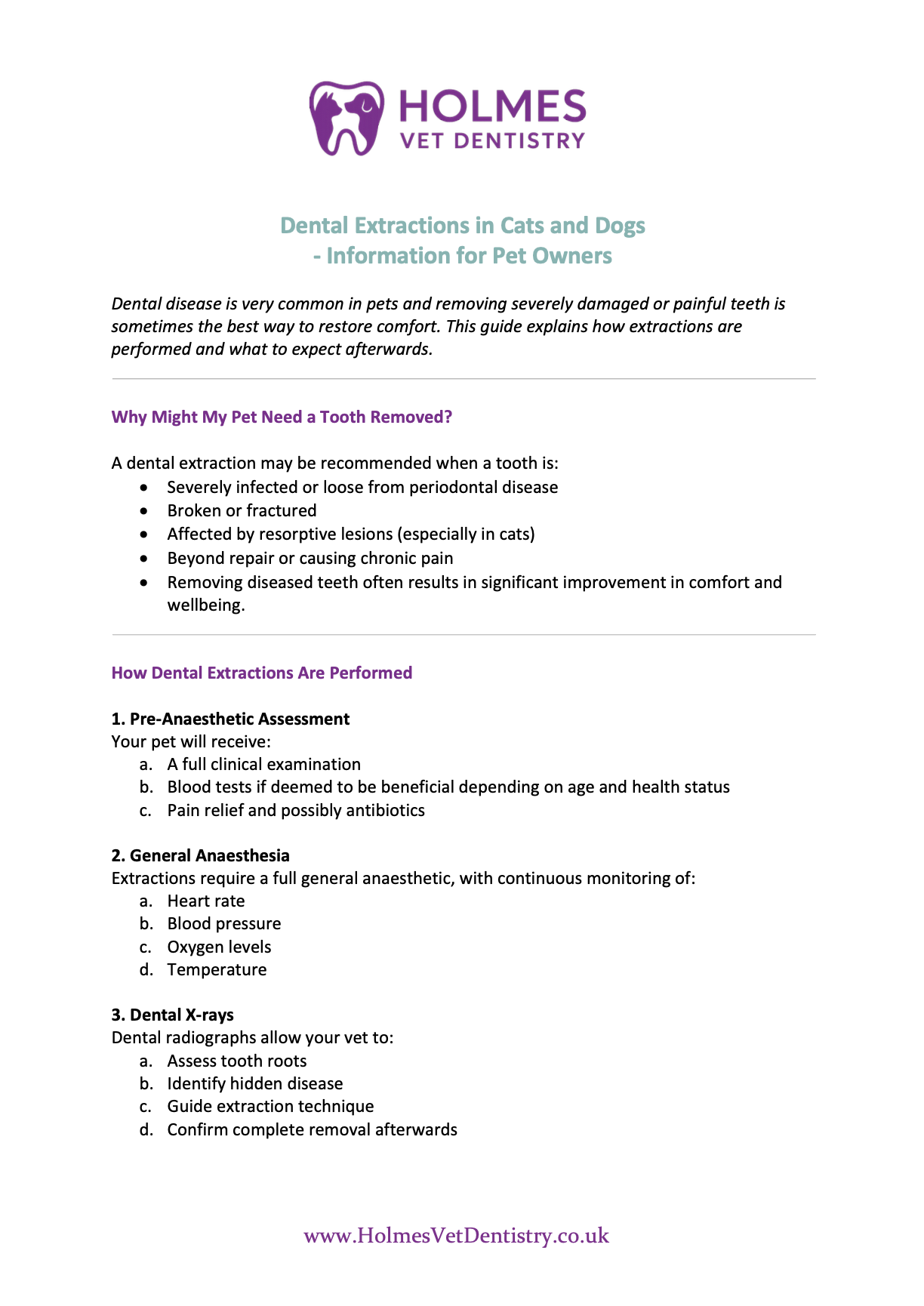 Information sheet from Holmes Vet Dentistry about dental extractions in cats and dogs, explaining reasons for extraction and the procedures involved.