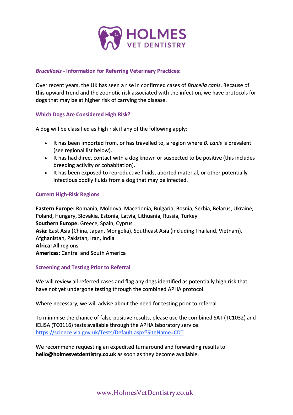 Information sheet from Holmes Vet Dentistry on Brucellosis in dogs, covering high-risk regions, risk factors, and testing protocols.