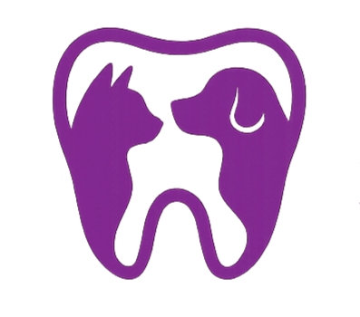 Illustration of a purple tooth with cat and dog profiles inside, symbolising pet dental health.