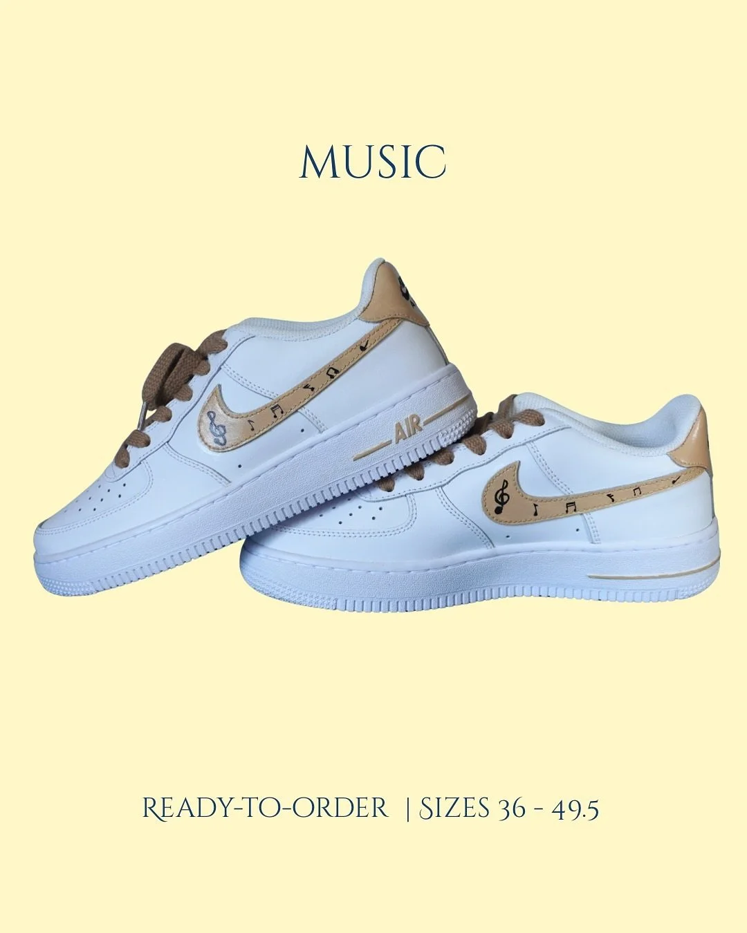 Walk to the rhythm of your own song

📦 Sold *
🖌️ Ready-to-order *
👟 Sizes 36 - 49.5 (EU Sizes)

*Design on Air Force 1
*&ldquo;Sold&rdquo; means this exact pair is taken, but the design can still be ordered.
*This design is ready-to-order, but eac