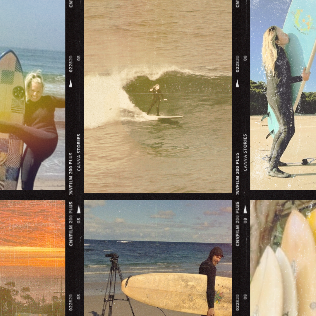 A collage of five photos of women at the beach: one with a woman holding a surfboard, one surfing, one standing with a surfboard, one on the beach with a surfboard and a camera, and one holding a flower in front of a sunset.