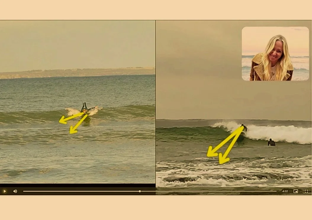 Split-screen image of Video Analysis,  showing a person surfing, with a video call inset of a woman, Rox, both with yellow arrows pointing to the surfers.