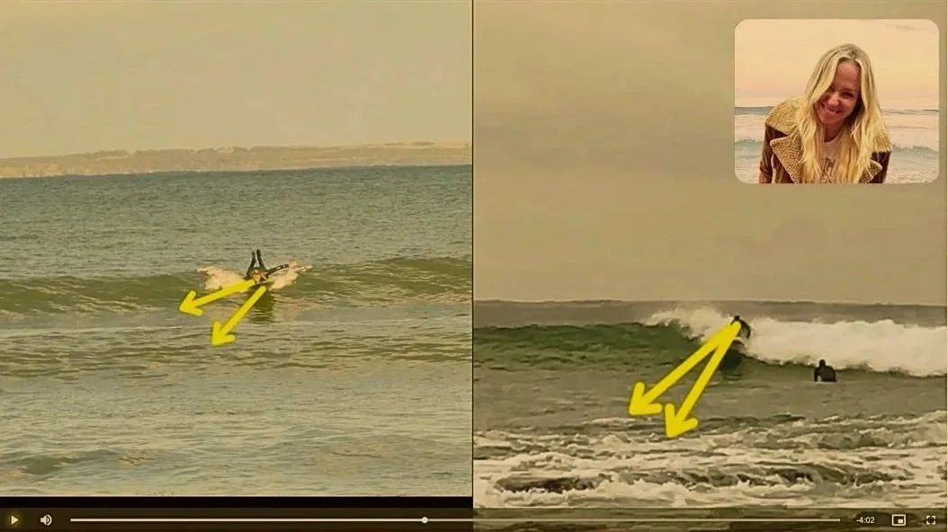 A split screen showing two people surfing in the ocean with a video call overlay of a woman, Rox, in the top right corner.