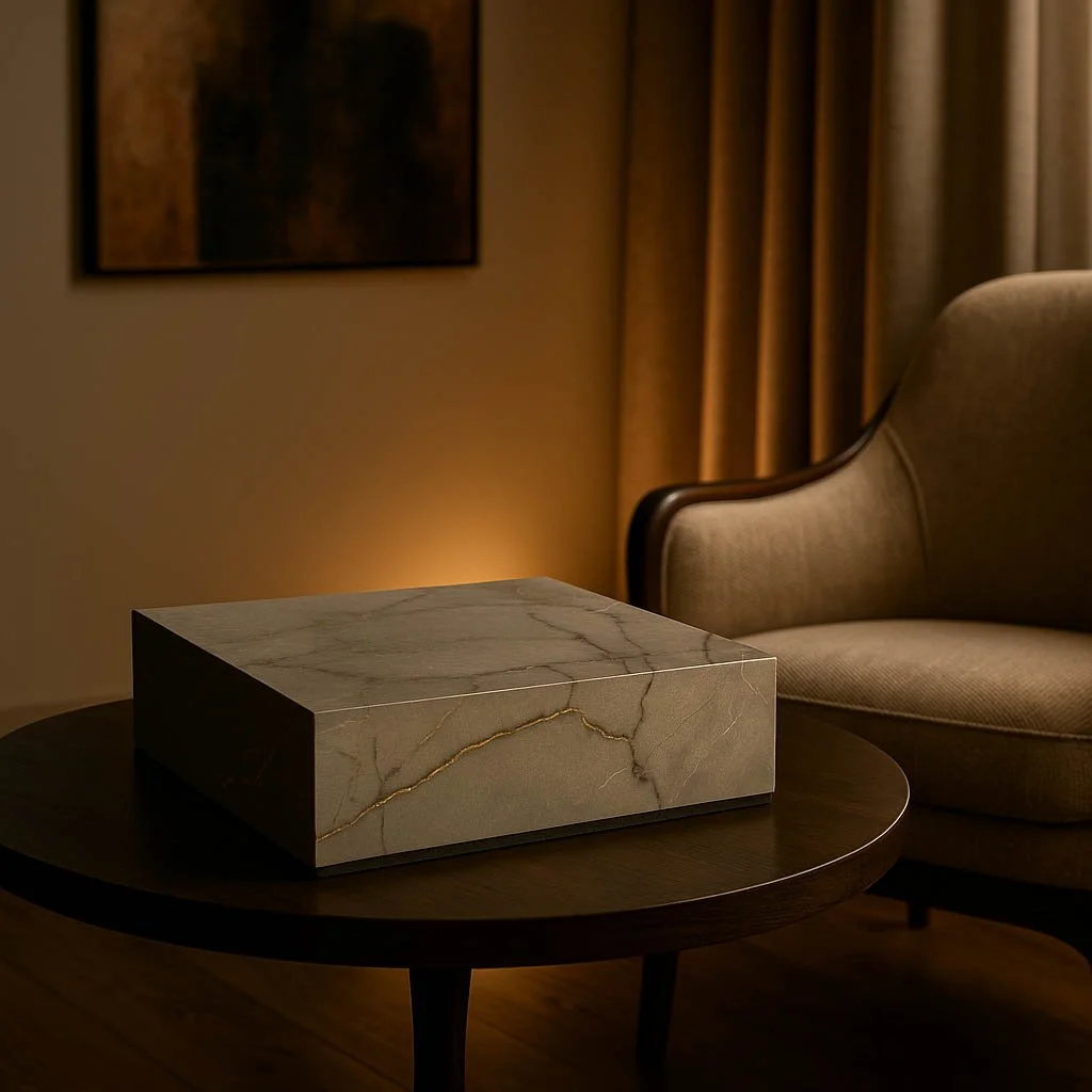 A marble box on a round wooden table in a dimly lit living room with a beige armchair and curtains.