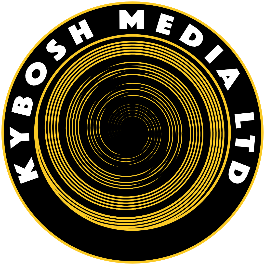 Logo of the KYBOSH MEDIA LTD with concentric yellow circles and bold white text on a black background.