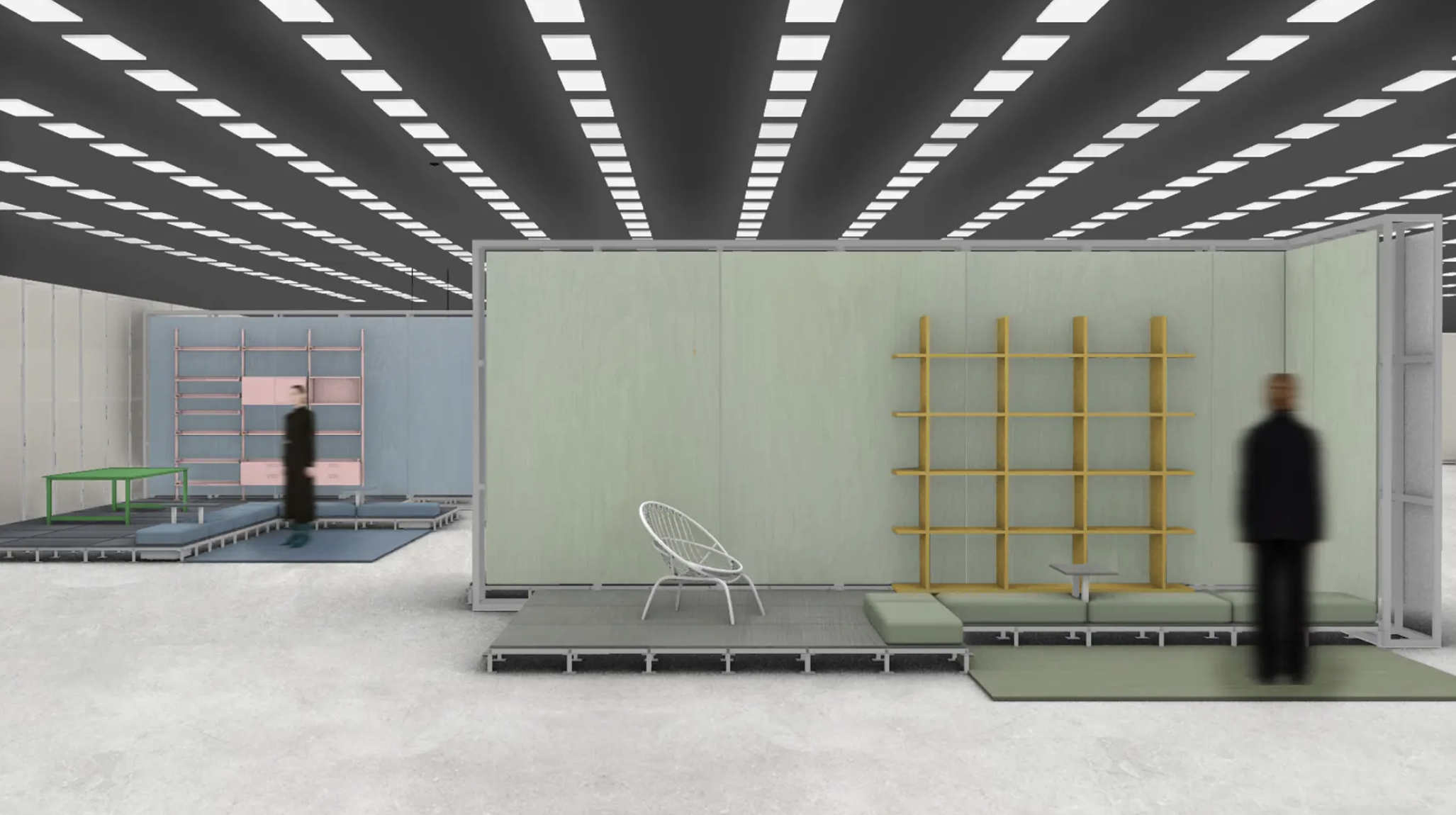 A visualization of the Salone Raritas exhibition at Fiera Milano Rho, featuring a minimalist modular stall with pale mint and blue walls, light wood shelving, and a sculptural white chair, designed by Formafantasma.