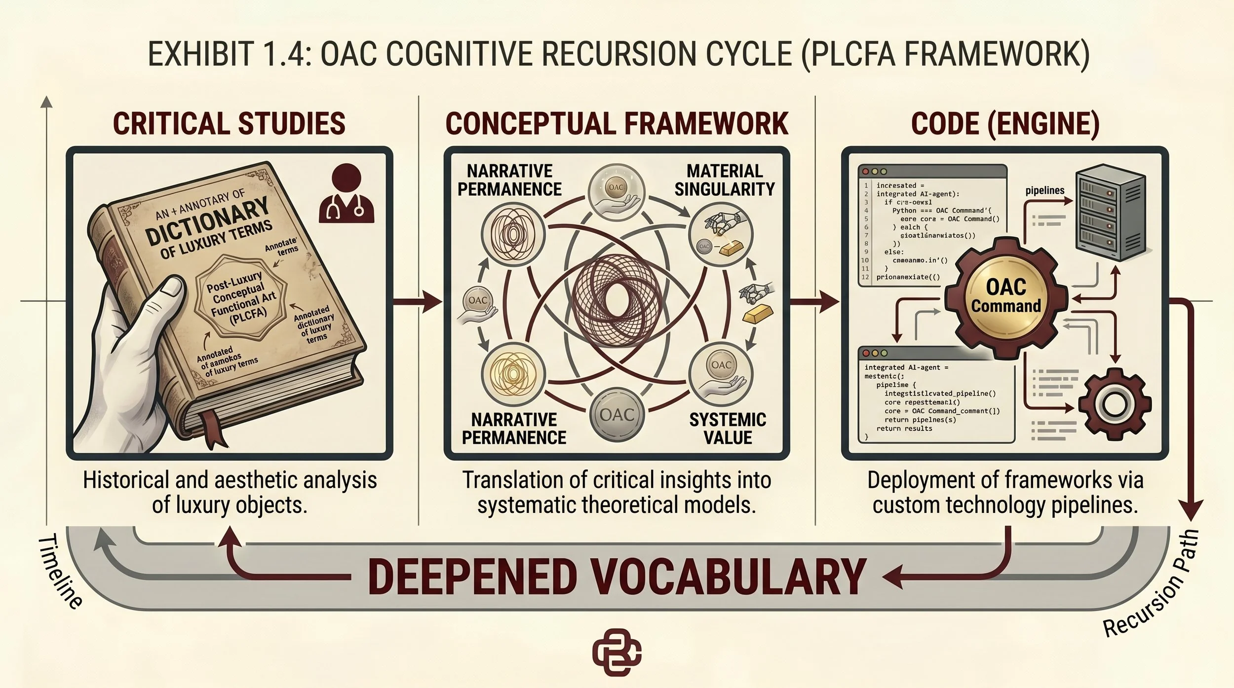 An infographic titled EXHIBIT 1.4: OAC COGNITIVE RECURSION CYCLE (PLCTA FRAMEWORK). It charts a recursive process starting from CRITICAL STUDIES (historical and aesthetic analysis of luxury objects)