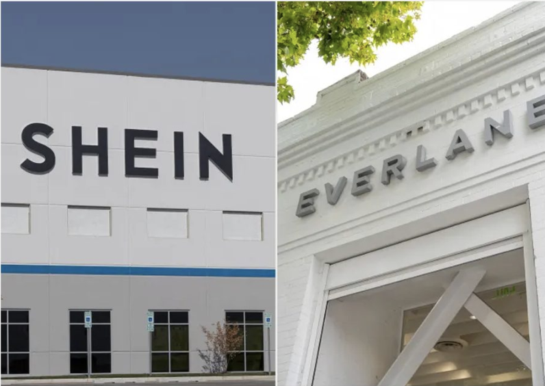 Side-by-side split image showcasing a massive, industrial Shein distribution facility building on the left next to a minimalist, white brick Everlane boutique storefront on the right under green trees.