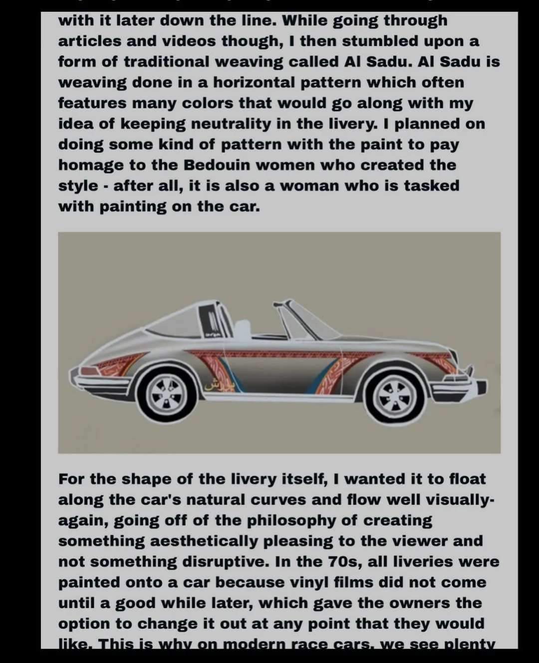 A design process document showing a profile mockup of a classic Porsche Targa integrated with Al Sadu weaving patterns, accompanied by text detailing the regional color philosophy of a desert sunset.