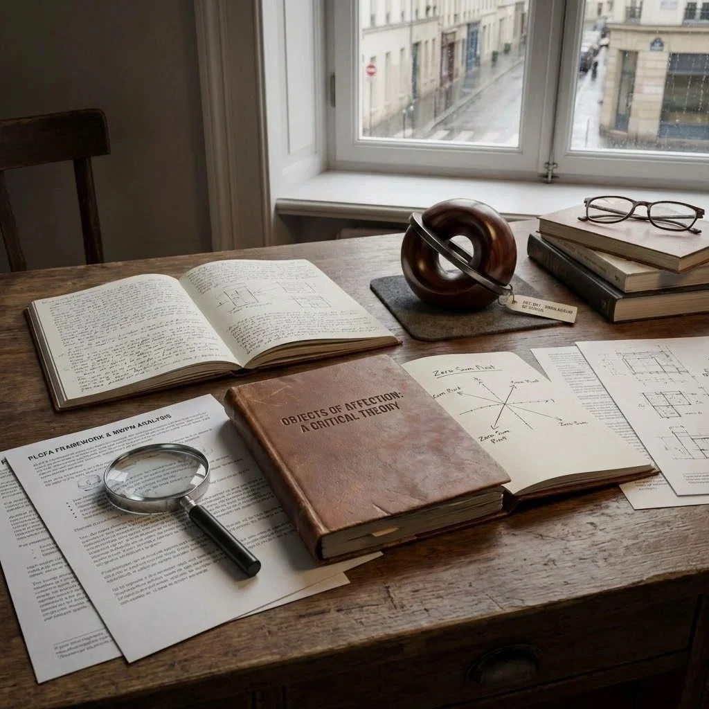 An academic desk setup in a Parisian atelier featuring an open notebook with diagrams, a magnifying glass, a leather-bound book titled 'Objects of Affection: A Critical Theory,' and a circular wooden sculpture by a window.