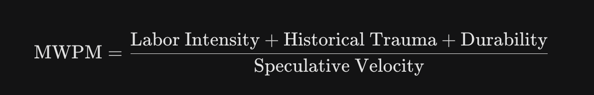 The mathematical equation for MWPM: MWPM = (Labor Intensity + Historical Trauma + Durability) / Speculative Velocity.
