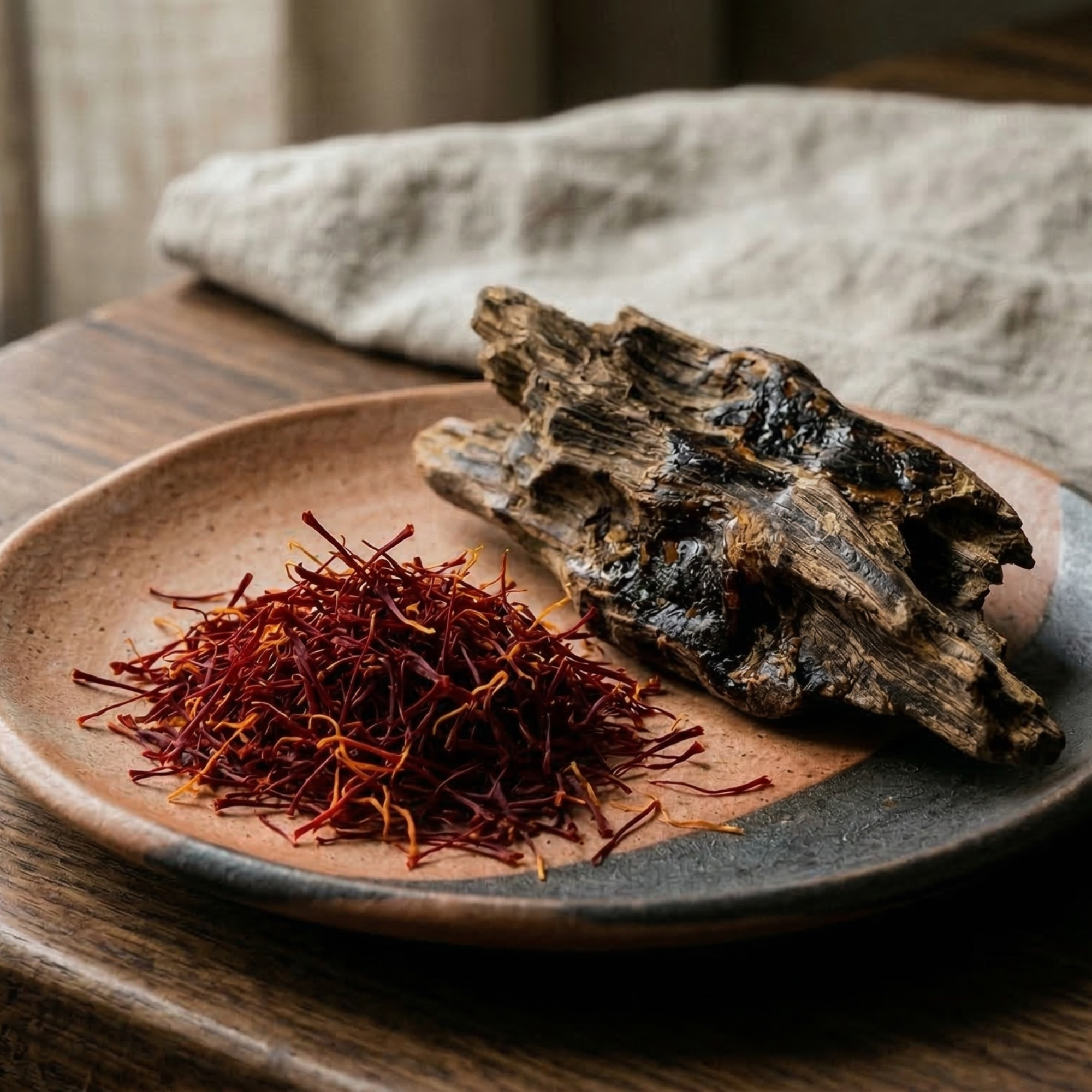 A close-up of vibrant red saffron threads and a textured piece of oud wood on a ceramic plate, representing the raw ingredients used in L’Onde Silencieuse.