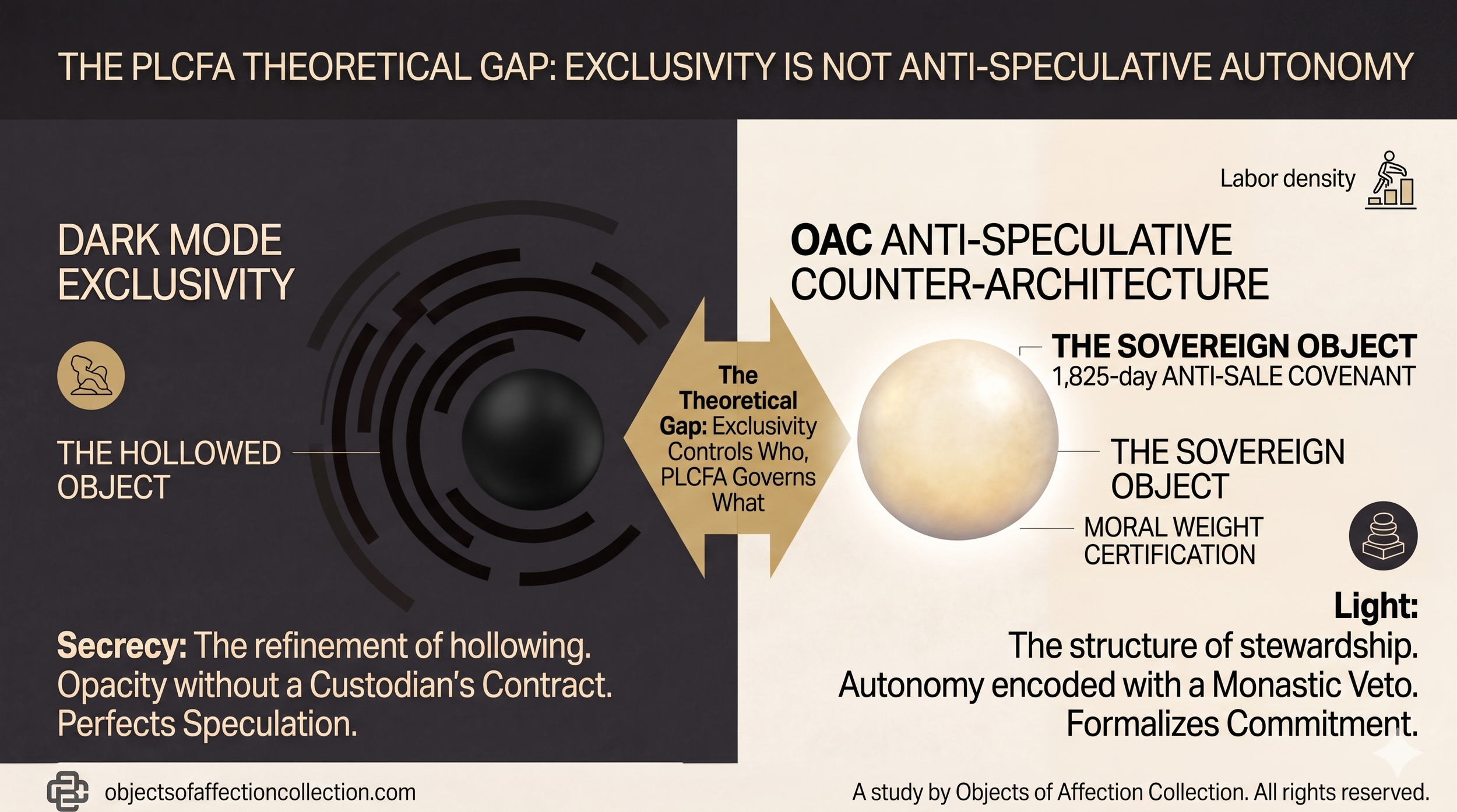 A conceptual infographic from Objects of Affection Collection comparing Dark Mode Exclusivity and the Hollowed Object against OAC Anti-Speculative Counter-Architecture and the Sovereign Object.