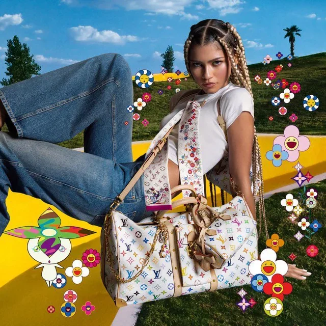 Contemporary icon Zendaya starring in the 2025 global campaign for the Louis Vuitton x Takashi Murakami re-edition, set against a vibrant, surreal Murakami-style landscape.