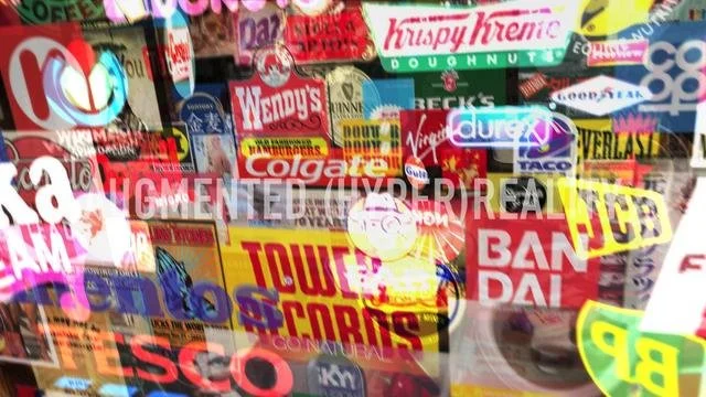 A conceptual art piece titled "Hyper-Reality," showing a dense, overwhelming collage of consumer brand logos that represent Baudrillard's hyperreal simulation.