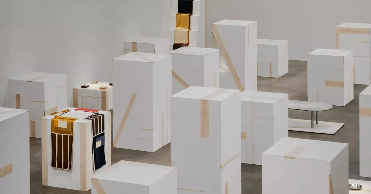 A high-angle view of the Hermès 2026 Home Universe at La Pelota, Milan, featuring white plaster and beechwood geometric volumes arranged in a sparse grid with luxury textiles and marble furniture.