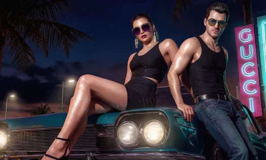 A hyper-glossed, synthetic-looking man and woman wearing sunglasses and black tank tops pose on the hood of a vintage teal automobile at night, with palm trees, streetlights, and a glowing neon pink Gucci sign in the background.