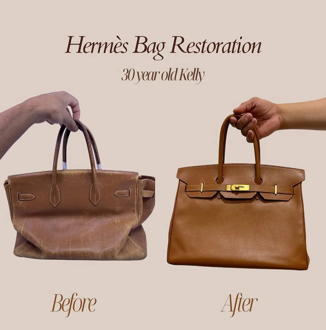 A side-by-side photo showing a 30-year-old, distressed, and scarred Hermès Kelly bag ("Before") next to its flawlessly restored, pristine version ("After"). The "After" image looks virtually brand new.