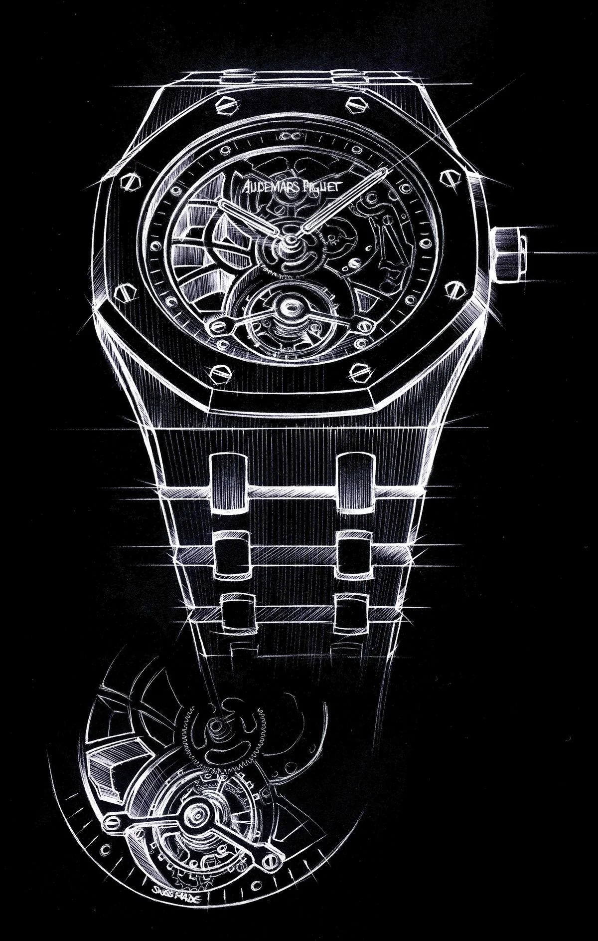 A white line technical drawing of a skeletonized Audemars Piguet Royal Oak on a black background, showcasing the octagonal bezel and internal mechanics.