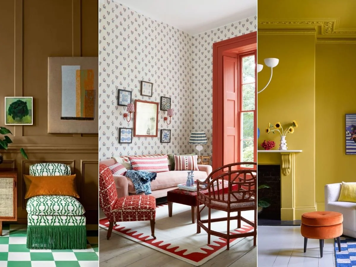 A triptych of three interior rooms demonstrating Midimalism through ochre paneled walls, pink patterned sofas, and vibrant yellow fireplaces, showcasing the balance of structural restraint and expressive textures.